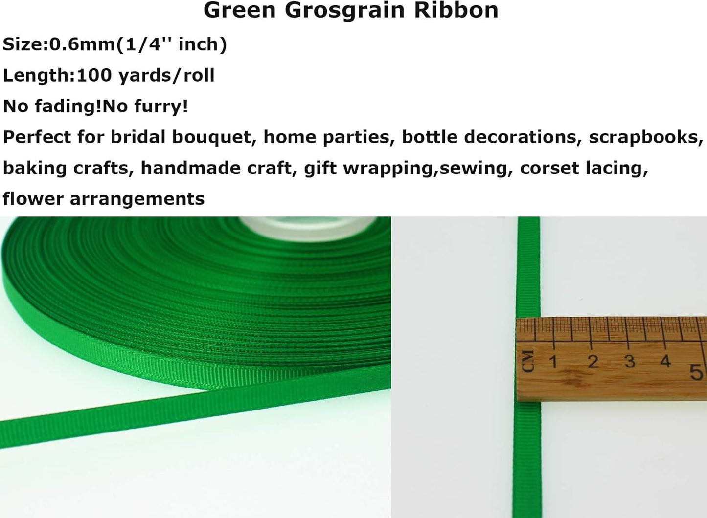 Jesep One Roll 100 Yards 1/4" Soild Grosgrain Ribbon Boutique Gift Wrapping Package Ribbon, DIY Crafts Bow Hair Headband Accessories Assorted Ribbon#553 (1/4" 6mm, Green)
