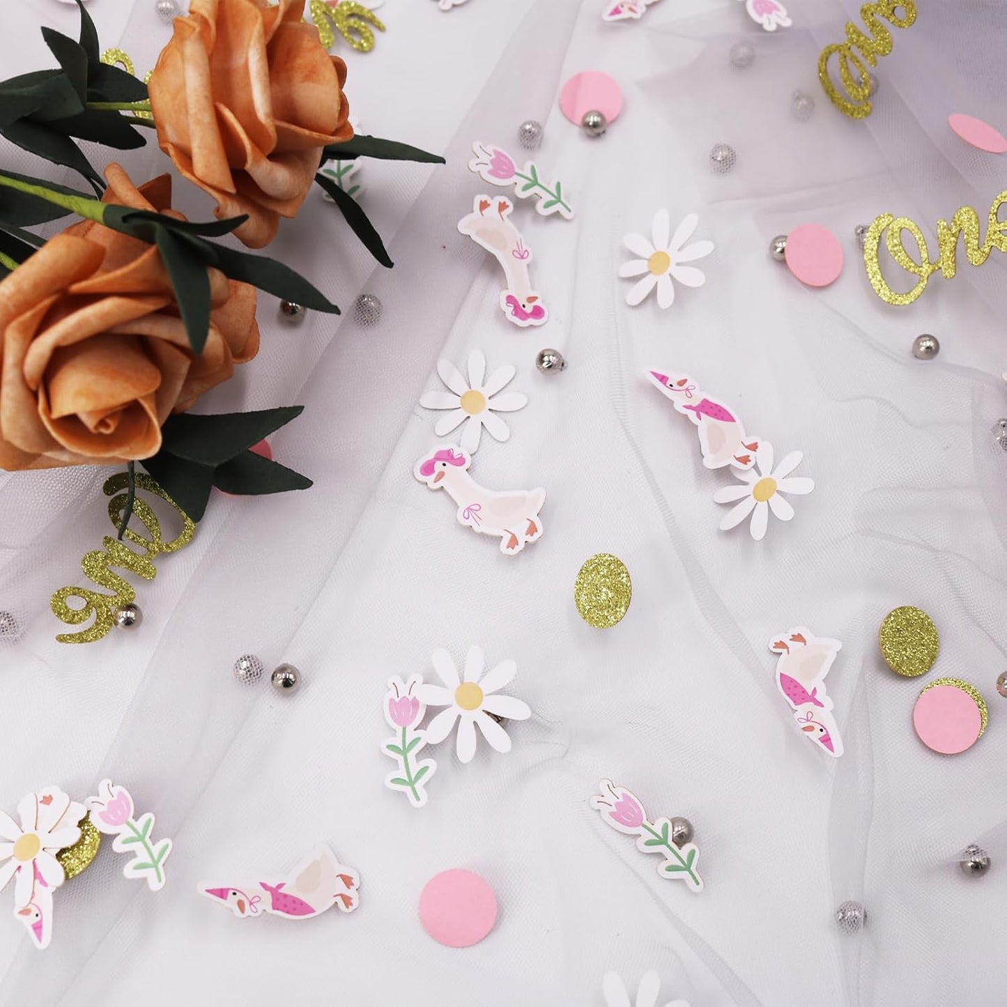 220PCS One Silly Goose Birthday Decor for Girl, Goose Dot Leaves Flower 1st Birthday Confetti for Pink and Gold First Bday Decorations.