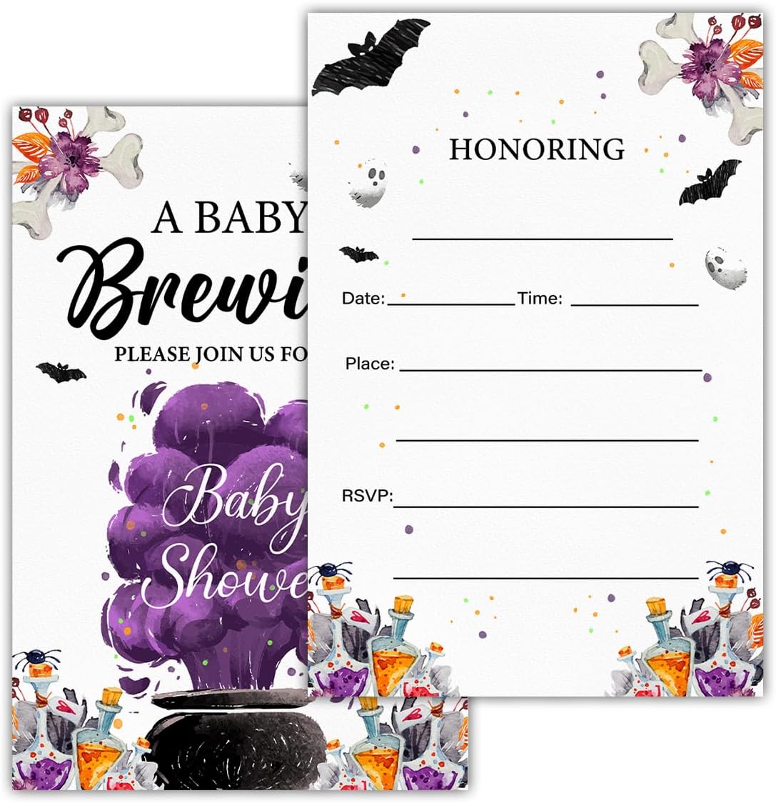 Halloween Baby Shower Party Invitations, a Baby Is Brewing Baby Shower Wizard Brewing Halloween Party Fill in Invites Cards With Envelopes (20 Count), Double Sided Design
