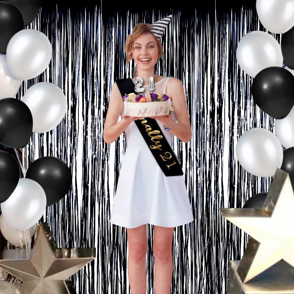 BEISHIDA 2 Pack Foil Fringe Curtain,Black Tinsel Metallic Curtains, Photo Backdrop Streamer Curtain for Halloween Wedding Bridal Shower Birthday Bachelorette Graduation Party Decor(3.28 ft x 6.56 ft)