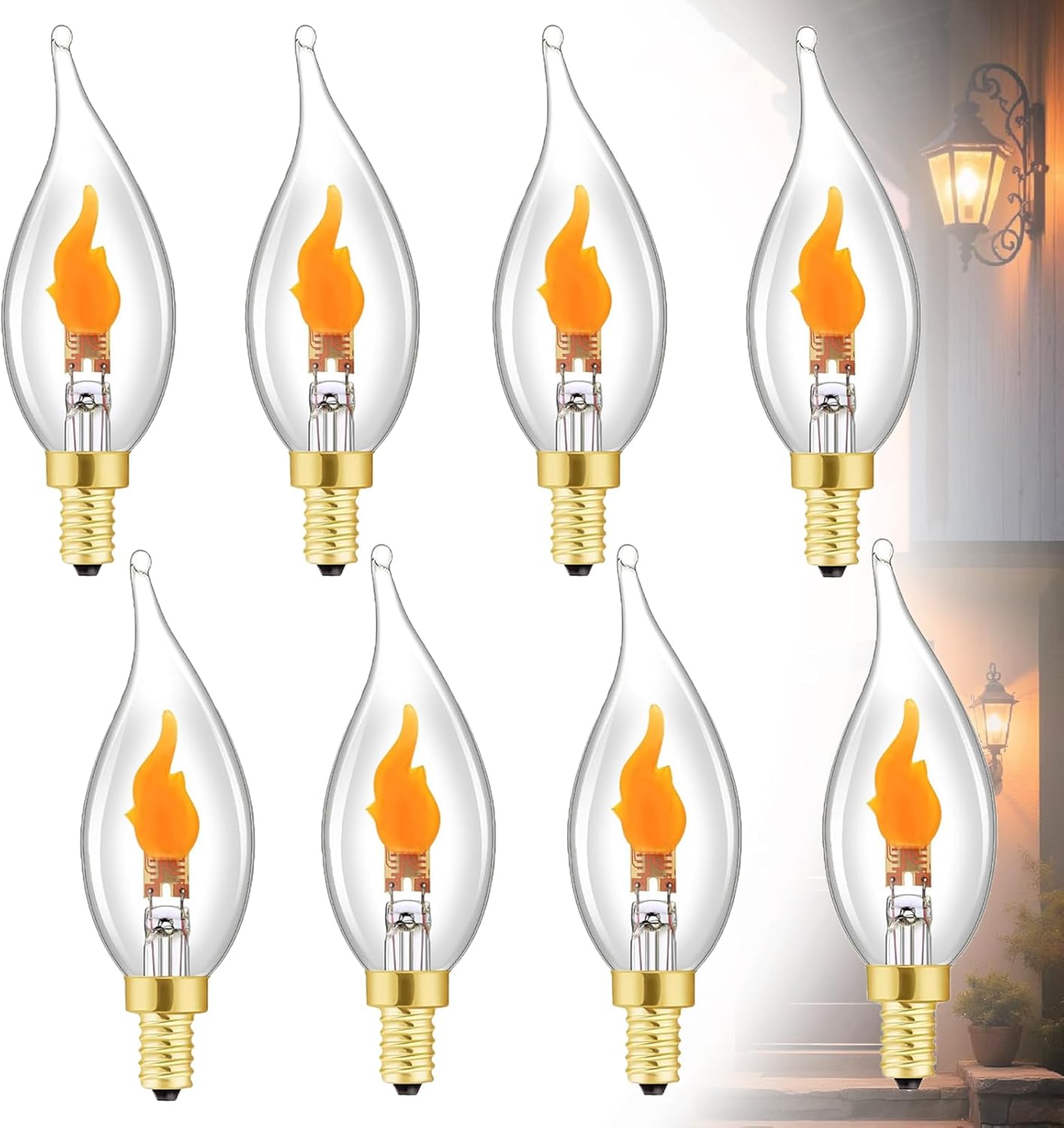 Stereover E12 LED Flickering Flame Decoration Light Bulbs, Stereover Flicker Bulb, E12 Flickering Flame Light Bulbs - Realistic Blaze Effect, Perfect Ambiance for Halloween, Christmas (8 Pack)