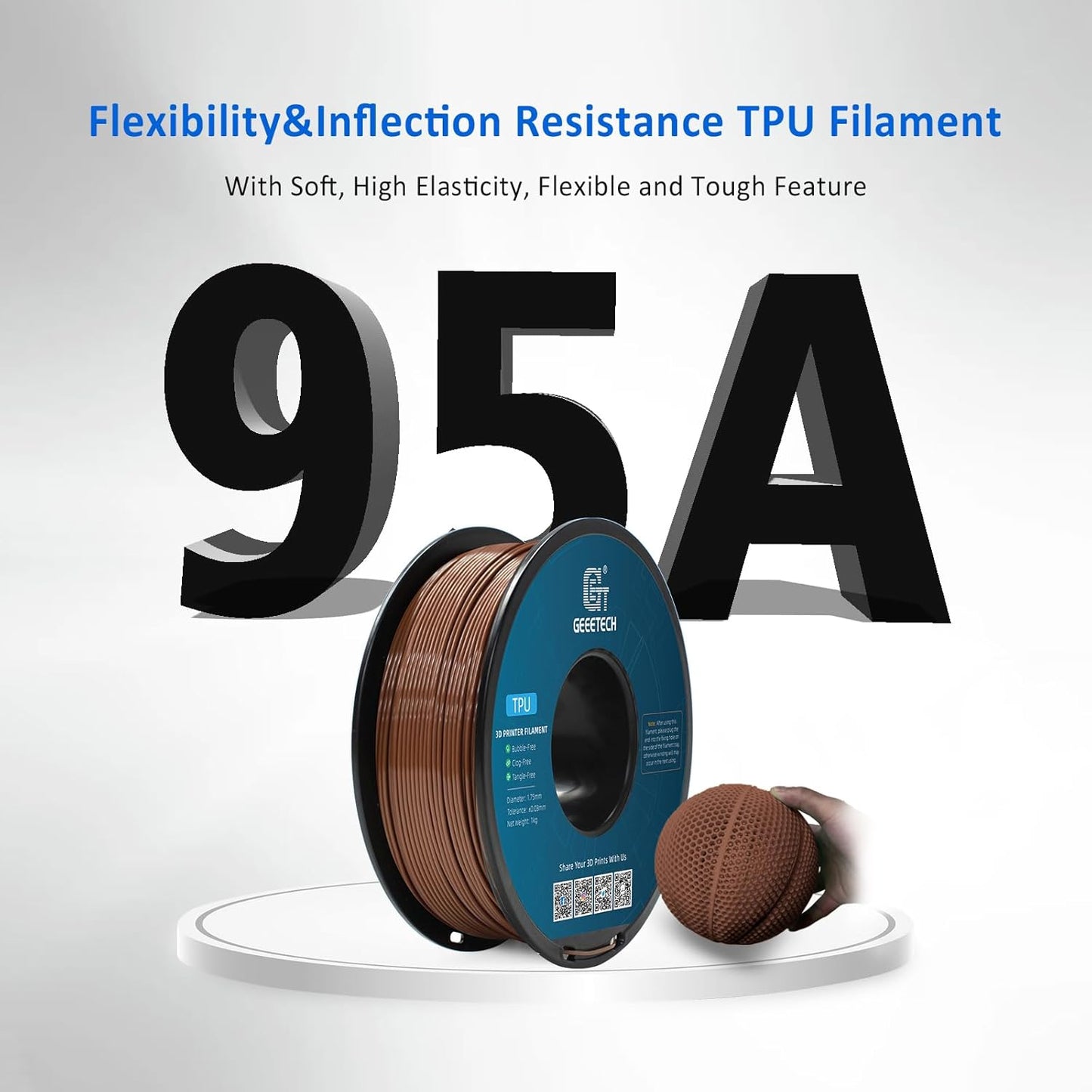 Geeetech TPU Filament 1.75mm, Shore 95A – Flexible 3D Printer Filament with High Elasticity, 1KG (2.2lbs) Spool, Dimensional Accuracy ±0.03mm, Fits Most FDM Printers (Brown)