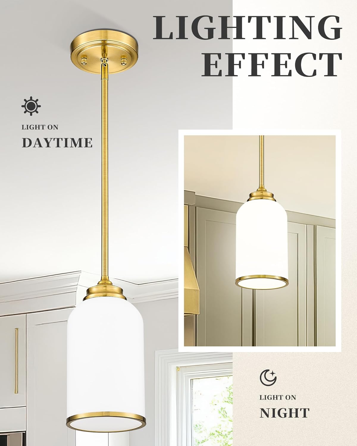 LIROUVET 2 Pack Pendant Lights, Vintage Hanging Lamp, Brushed Gold Pendant Lights Kitchen Island with Milk Glass, Pendant Lighting for Dining Room PL02 MGBG-2PK