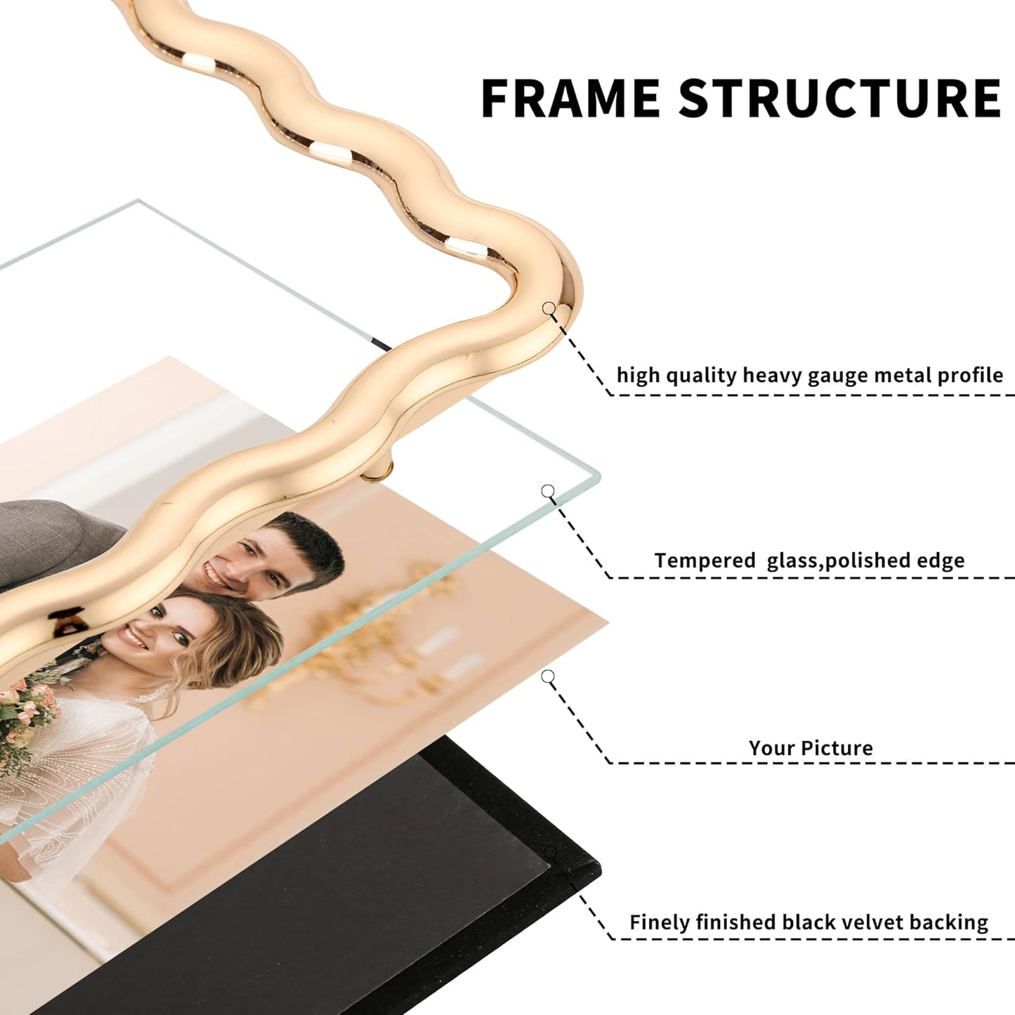 8 x 10'' Heavy-Duty Zinc Alloy Gold Photo Frames with Acid Free Mat for 5x7'',Wave Design Gold Picture Frame 8x10'' with Black Velvet Back