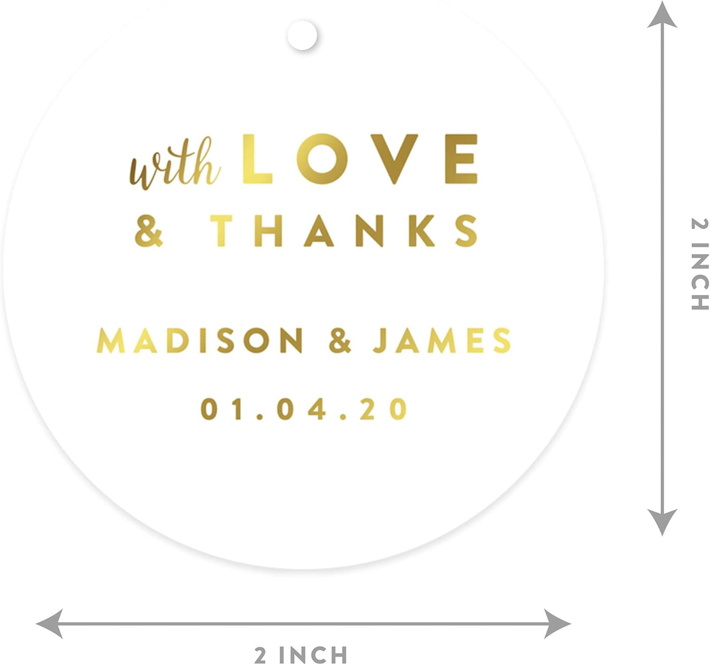 Andaz Press Personalized Round Circle Wedding Gift Tags, Metallic Gold Ink, with Love and Thanks, 24-Pack, Custom Made Any Name