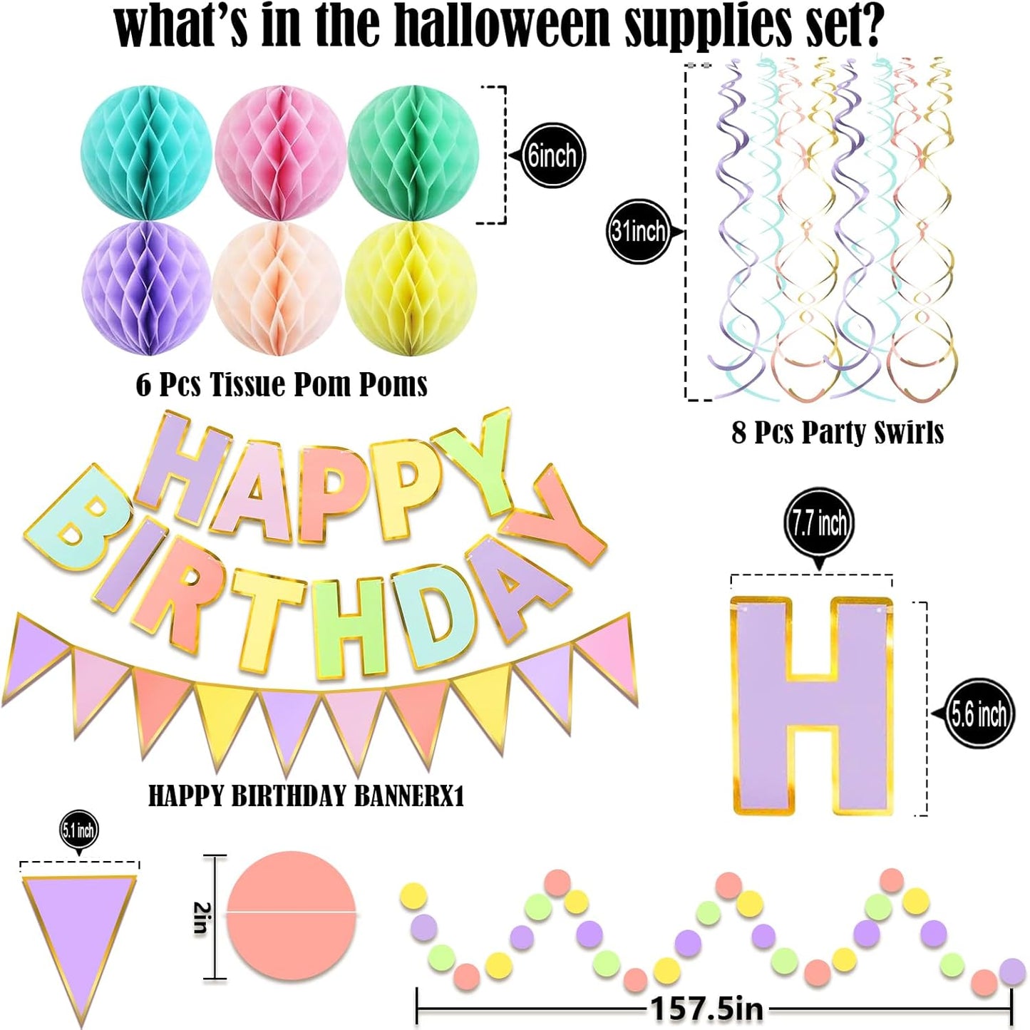 Fecedy Macaron Superlarge Alphabet Happy Birthday Banner Colorful Flag Bunting Circle Confetti Garland Swirl Streamers Honeycomb Ball for Birthday Party Decorations