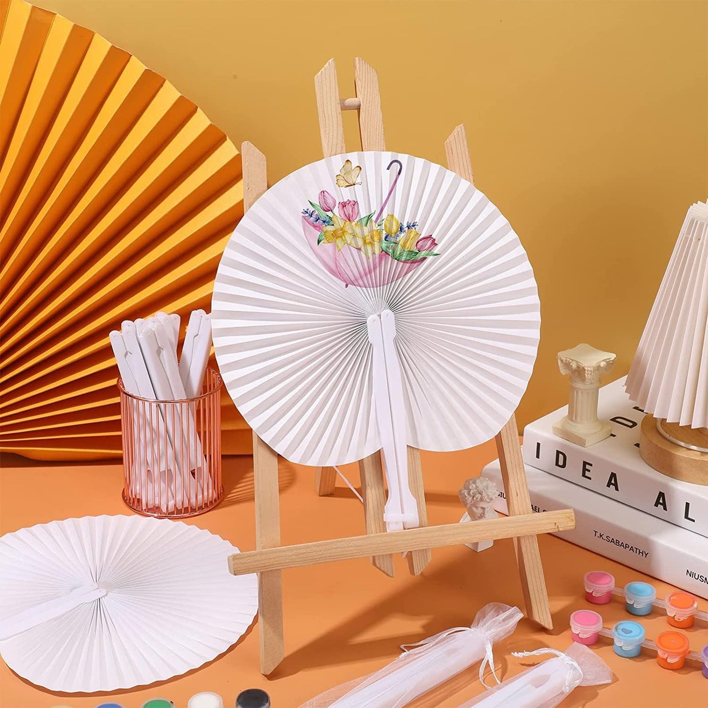 ZWIN 48 Pcs Paper Fans Wedding Paper Fans for Guests Pocket Folding Paper Fans with Plastic Handle White Blank Paper Fans for Guests Celebartion Party Decoration