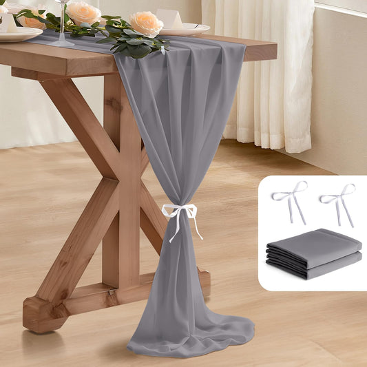 2 Pack 10 Ft Chiffon Table Runner Grey Gauze Long Table Runners 27x120 Inches Sheer Tulle Table Runner for Rustic Wedding Reception Bridal Shower Decorations Birthday Party