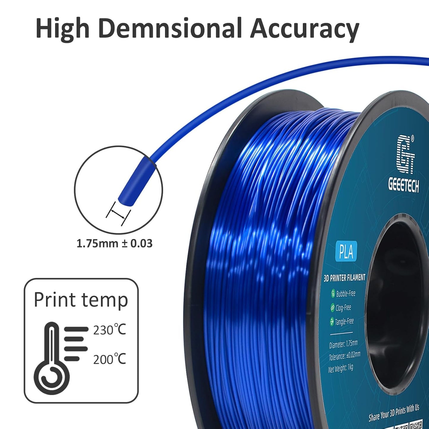 Geeetech Metal Shine Filament 1.75mm for 3D Printer, Silk PLA 1kg (2.2lbs) Spool, Metallic Royal Blue 3D Printing Filament, Dimensional Accuracy +/- 0.02 mm