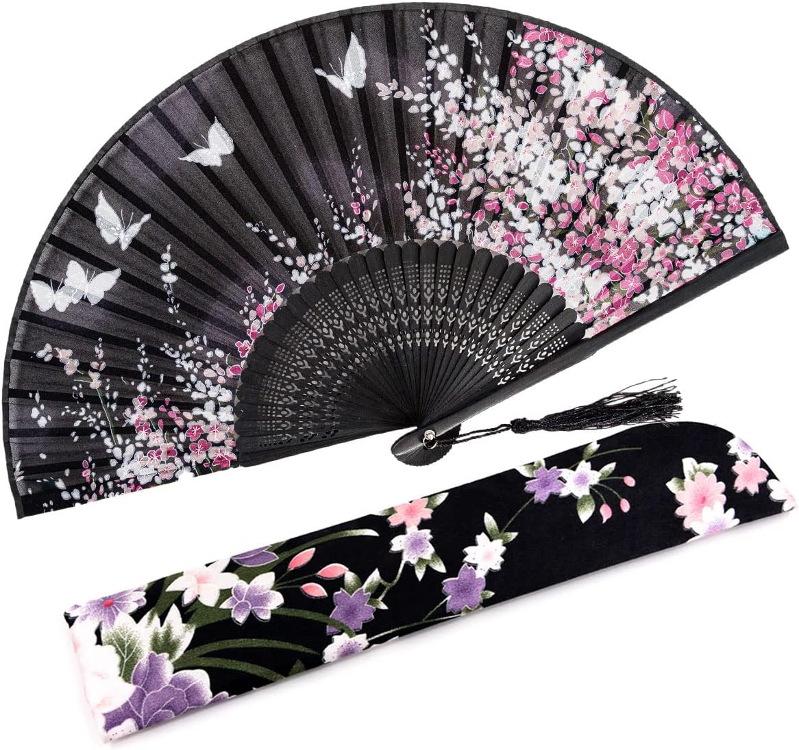 Amajiji 8.27"(21cm) Hand Held Bamboo Silk Folding Fan Hand Fan,Chinese/Japanese Charming Elegant Vintage Retro Style,Women Ladys Girls Best Gifts (Black Butterfly)