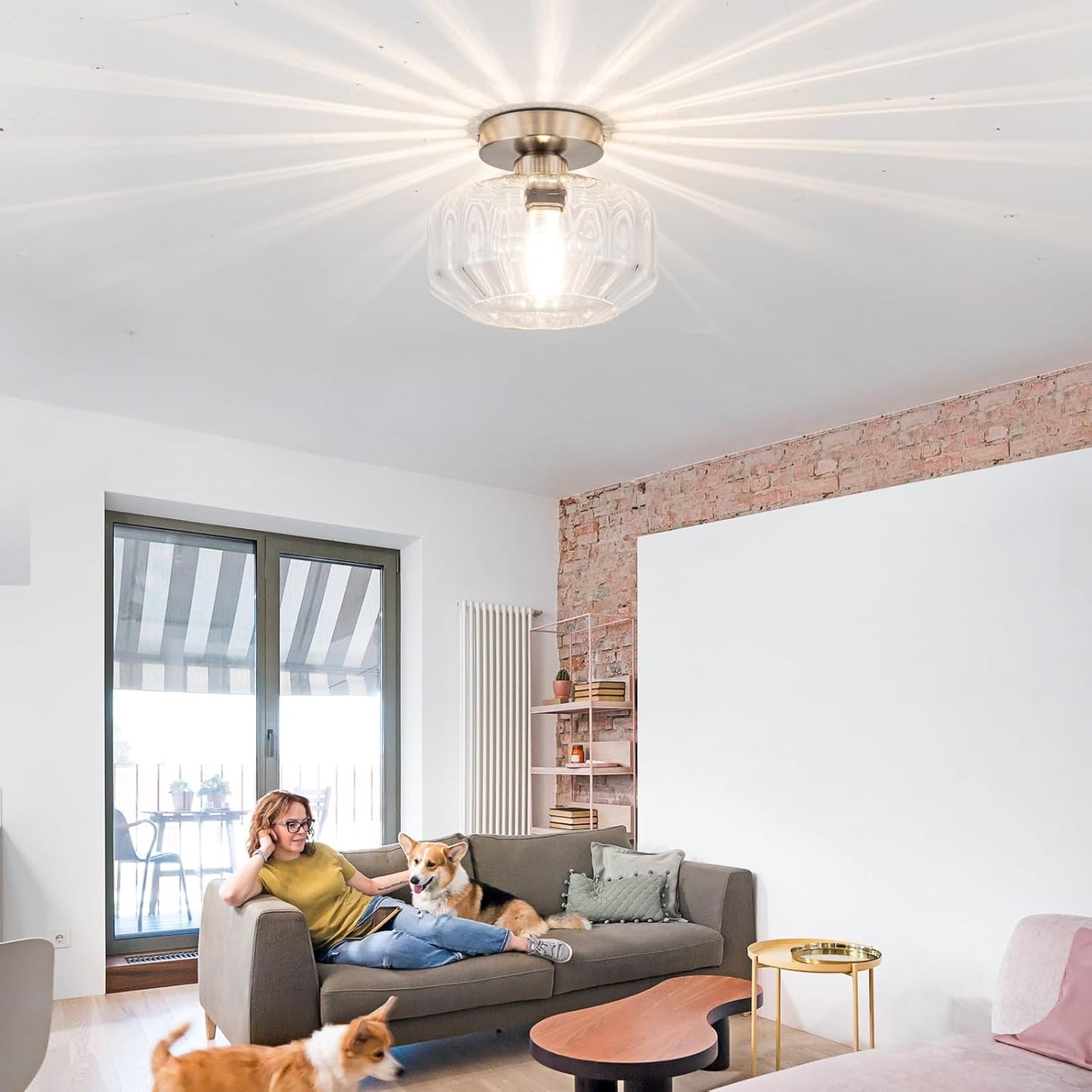 Brushed Nickel Semi Flush Mount Ceiling Light Fixture with Textured Glass & Included 1200 Lumens LED Bulbs, Modern Hallway & Bathroom Light for Entryway, Kitchen, Laundry Room