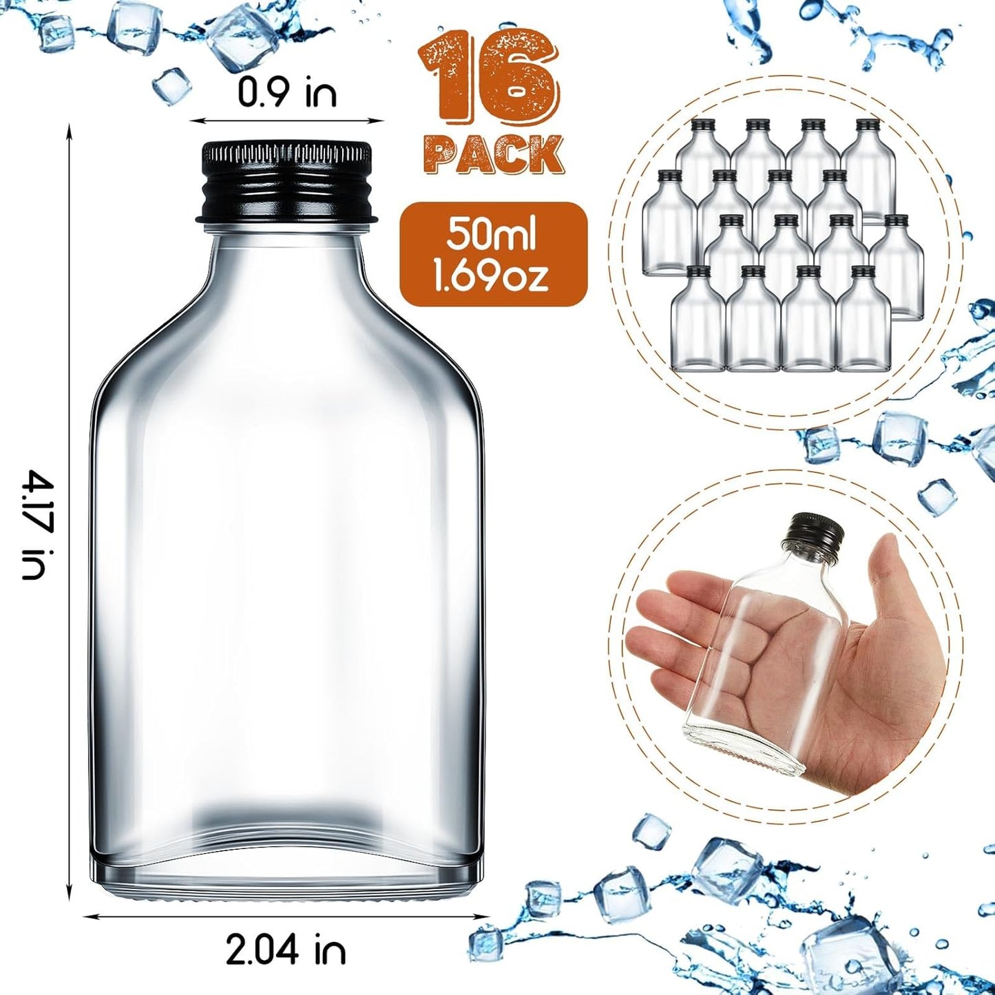 Patelai 16 Pcs Clear Glass Bottles with Caps Mini Glass Flask Liquor Bottles Empty Alcohol Shot Bottling Small Champagne Container DIY Gift for Wine Beverages Liquor Drinks Oil Beer (50 ml/ 1.7oz)