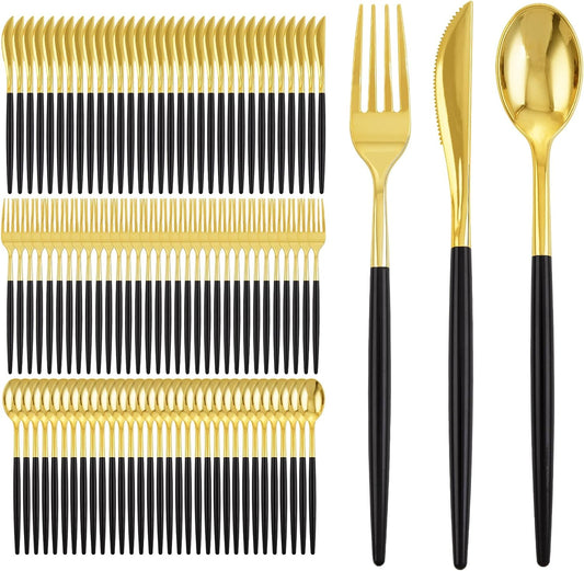 I00000 300Pcs Black Plastic Silverware, Happy New Year Gold Disposable Silverware, Black and Gold Plastic Utensils Include 100 Forks 100 Knives 100 Spoons,Disposable Cutlery for Wedding