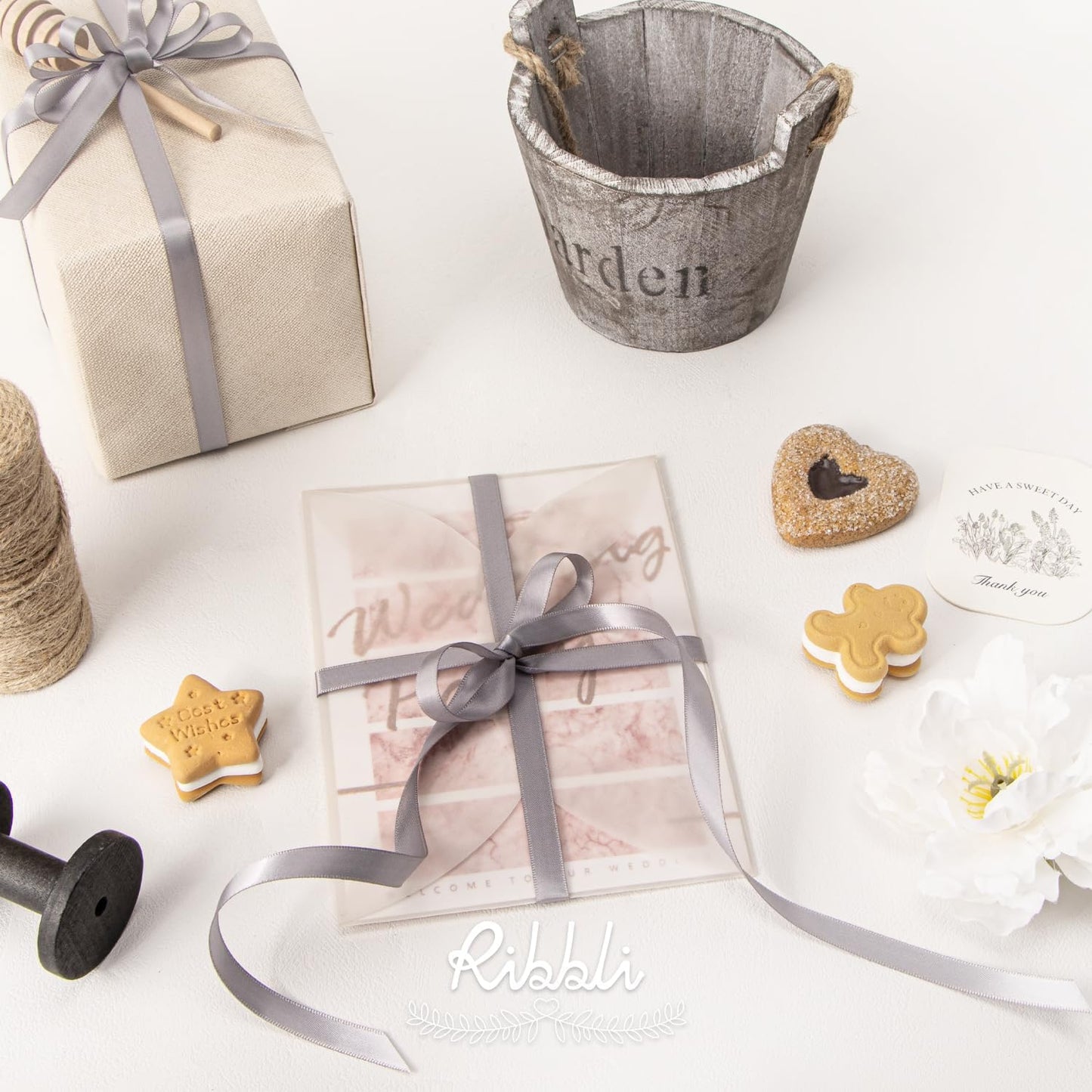 Ribbli Double Faced Silver Satin Ribbon,3/8” x Continuous 25 Yards,Use for Bows Bouquet,Gift Wrapping,Floral Arrangement