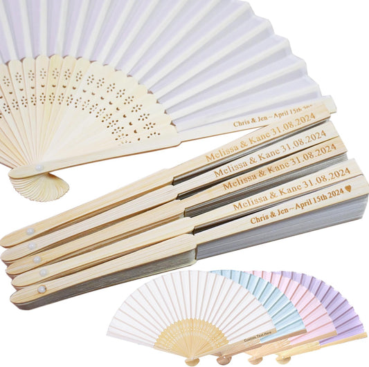 Personalized Engraved White Silk Fans Folding Hand Fans, Summer Wedding Fans, Custom Silk-Bamboo Fans Wedding Party Favor Bridal Shower Gifts (5 Pieces)