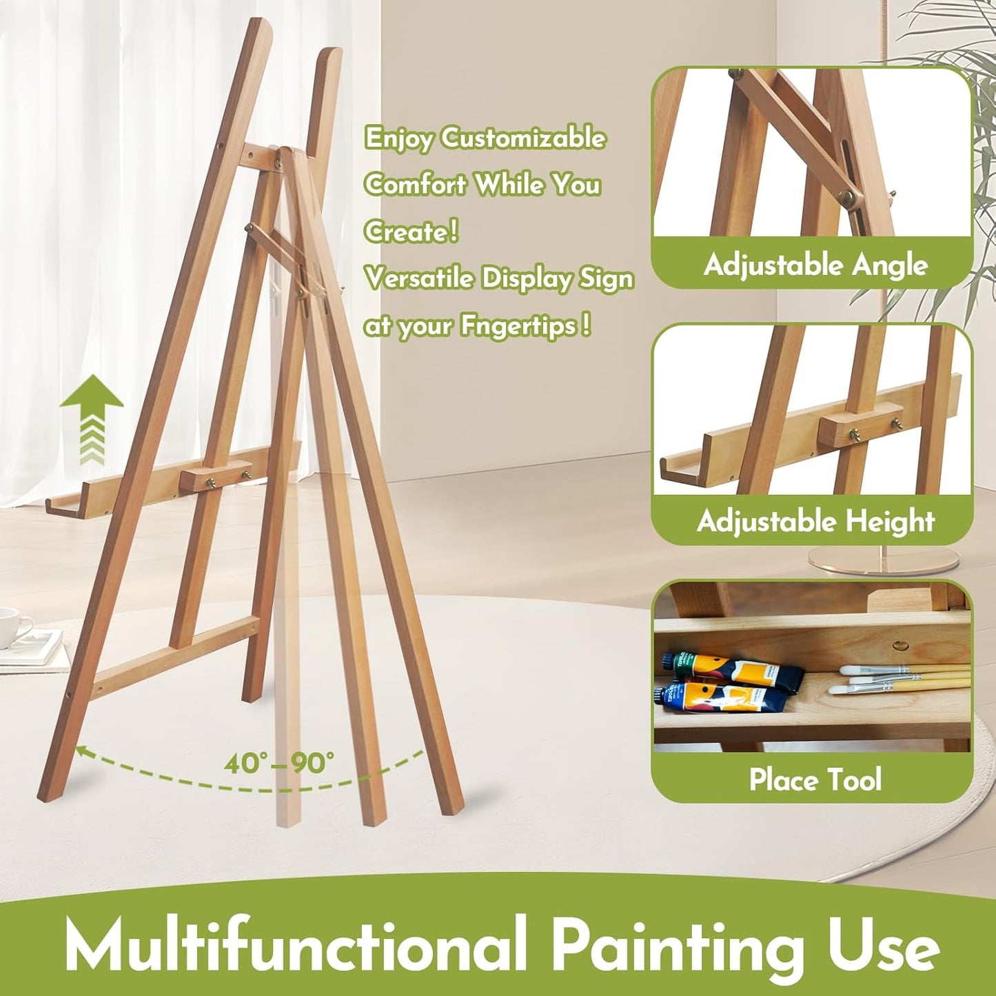 Heavy Duty A-Frame Wood Easel Stand - Adjustable Studio Easel Holds Large Canvas, Mirror, Wedding Sign Up to 90 Inches, Floor Display Easel for Artists & Events, Natural Beechwood