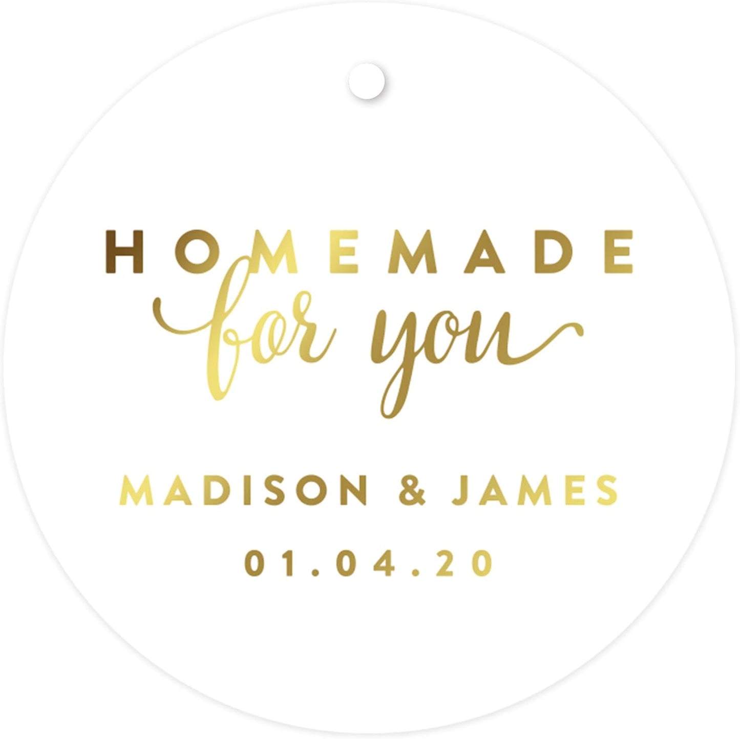 Andaz Press Personalized Round Circle Wedding Gift Tags, Metallic Gold Ink, Homemade for You, 24-Pack, Custom Made Any Name, Gold Party Supplies