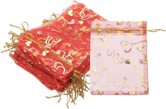 PATIKIL 100 Pcs 5x7 Inch Heart Printed Organza Bags, Red Sheer Heart Organza Bags with Drawstring for Christmas Candy Jewelry Party Wedding Favor Gift
