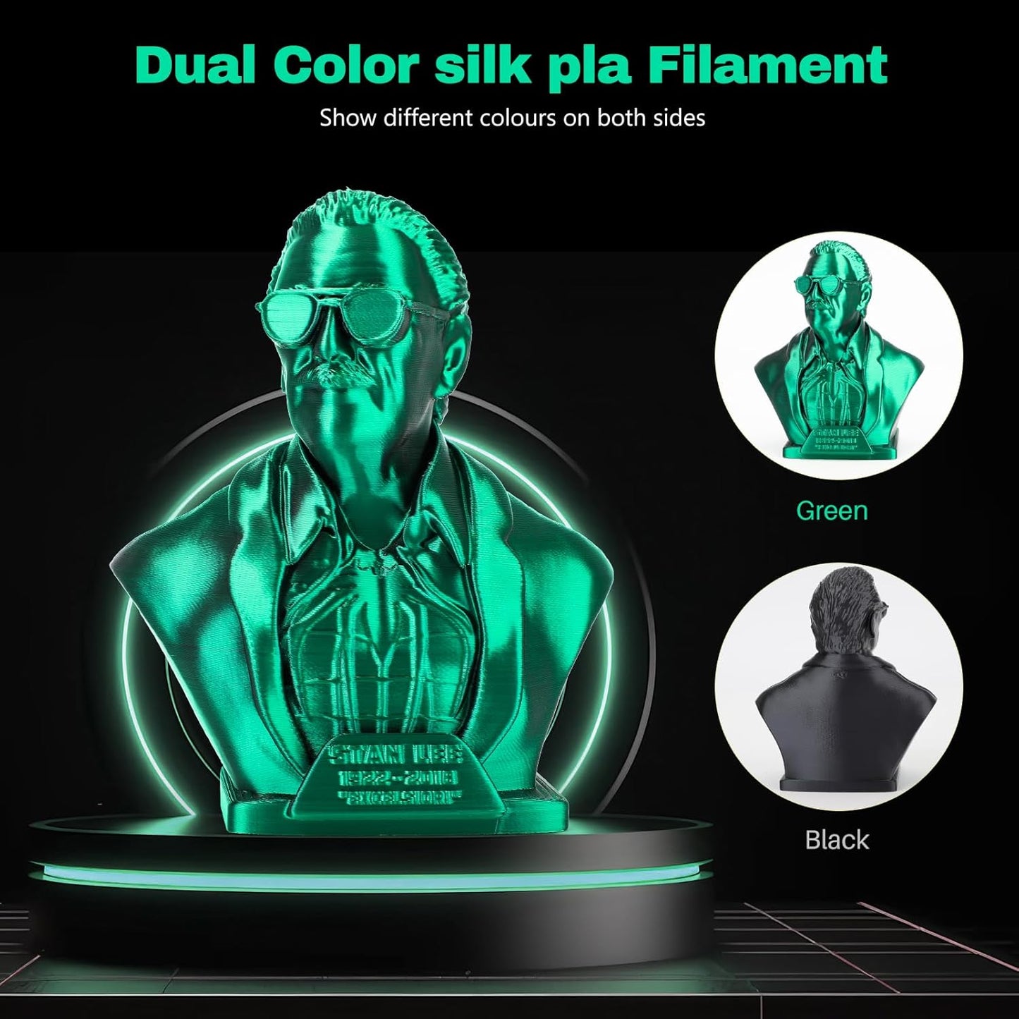 Silk PLA Filament 1.75mm Black Green Dual Color PLA 3D Printer Filament 2 in 1 Coextrusion 1KG Spool(2.2lbs) 3D Printing Filament Dimensional Accuracy +/- 0.03mm Fits for Most FDM 3D Printers