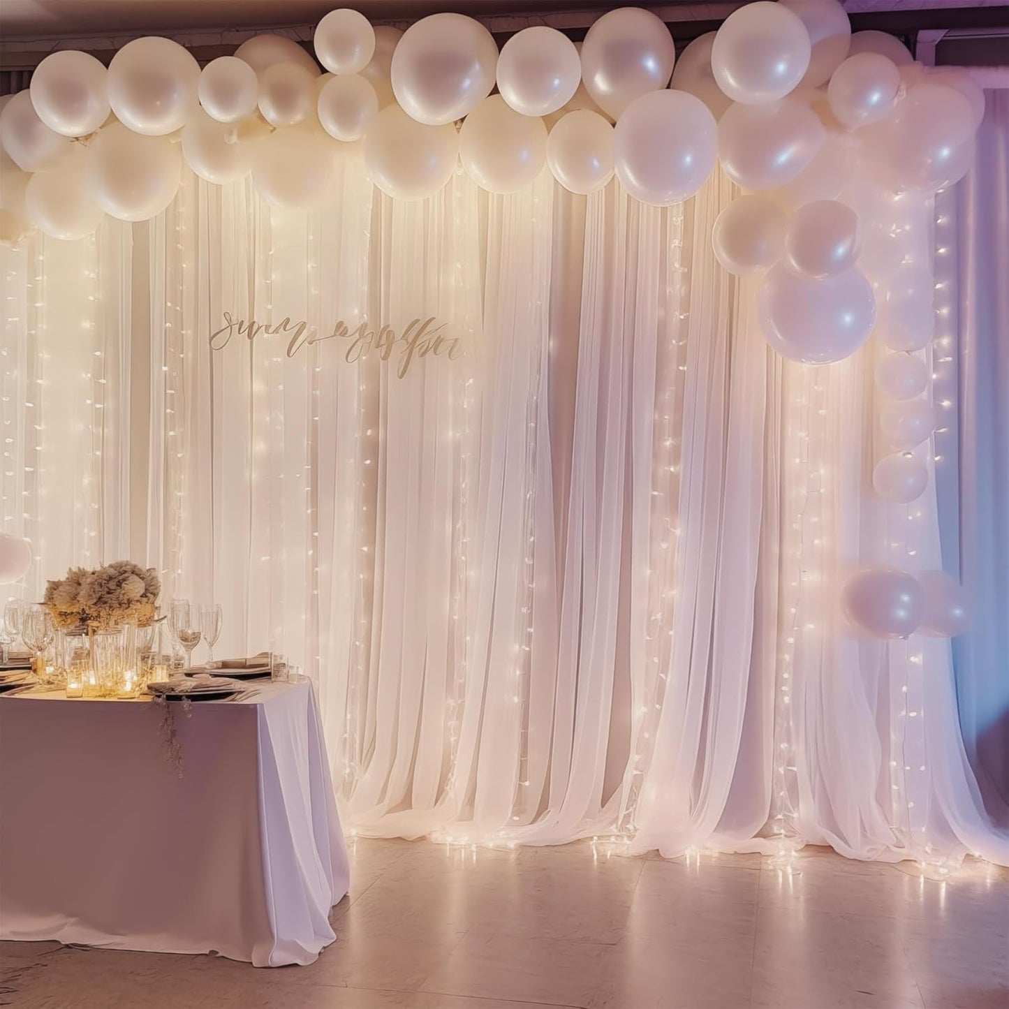 10ft x 10ft White Chiffon Backdrop Curtain with Lights String for Parites Wedding Wrinkle Free Curtain Photo Backdrops Drapes for Baby Shower Birthday Party Home Decorations