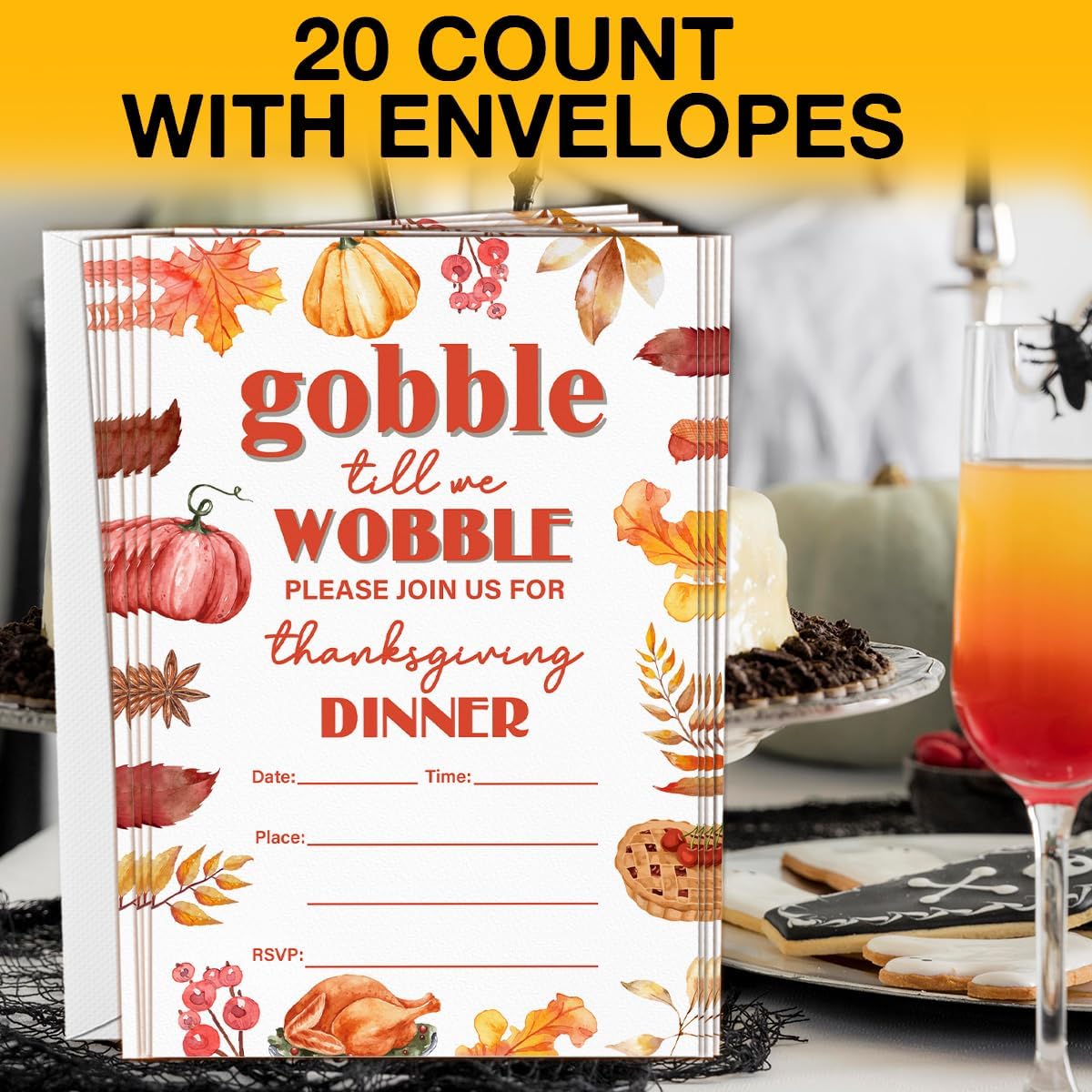 Thanksgiving Party Invitations Fall Pumpkins Turkey Friendsgiving Thanksgiving Dinner Party Fill in Invites Cards With Envelopes (20 Count), Double Sided Design