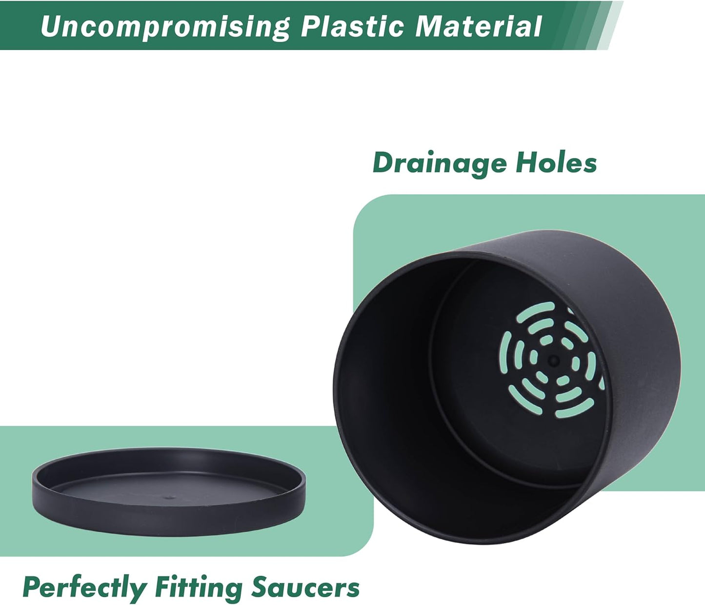 D'vine Dev 2 Pack 5.5 Inch Modern Plastic Plant Pots, Small Garden Planters for Plant with Drainage Holes and Saucers, Black Color, 74-Y-H-1