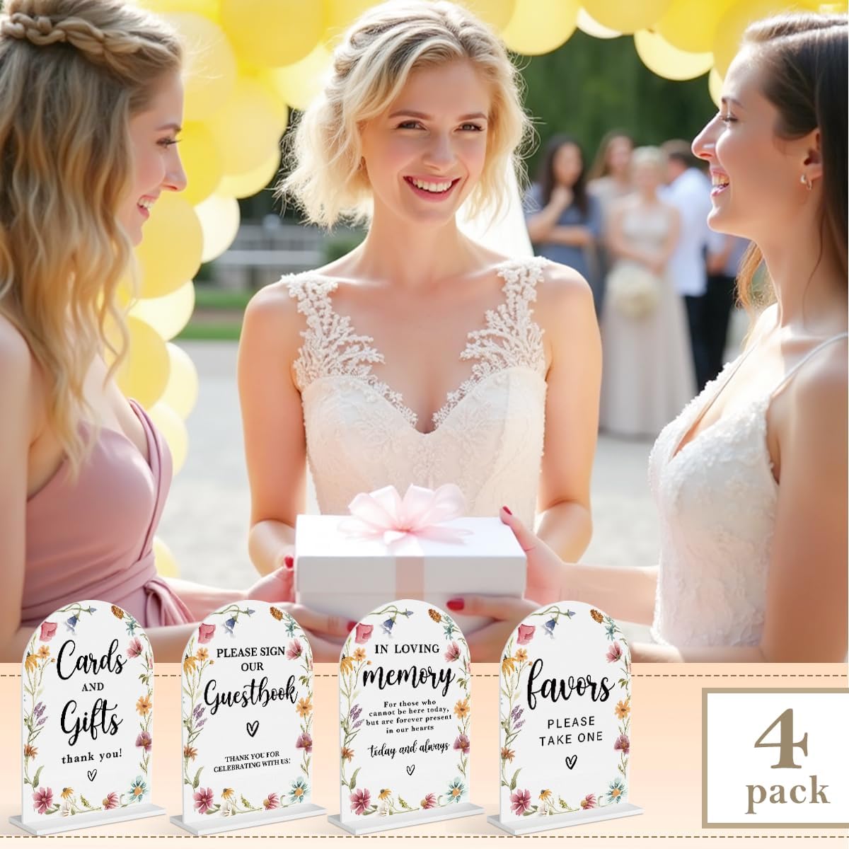 4 Pcs Acrylic Wedding Signs for Reception, Bridal Shower Decorations, Cards and Gifts Signs, Guest Book Sign, Arch Acrylic Table Top Sign with Holder for Wedding Reception (White Wildflowers)