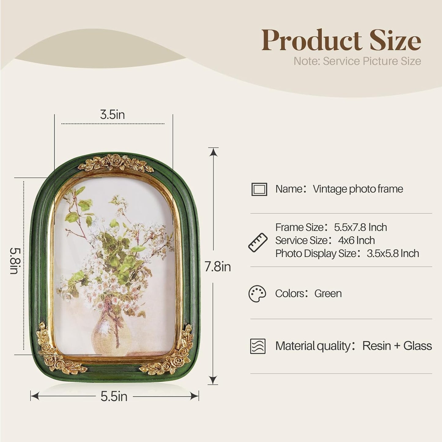 Cuspin Vintage 4x6 Picture Frame, Green and Gold Arch Frames, Ornate Floral Resin Photo Frame with Glass Front for Tabletop or Wall Display, Antique Decorative Frame for Home Decor or Gift