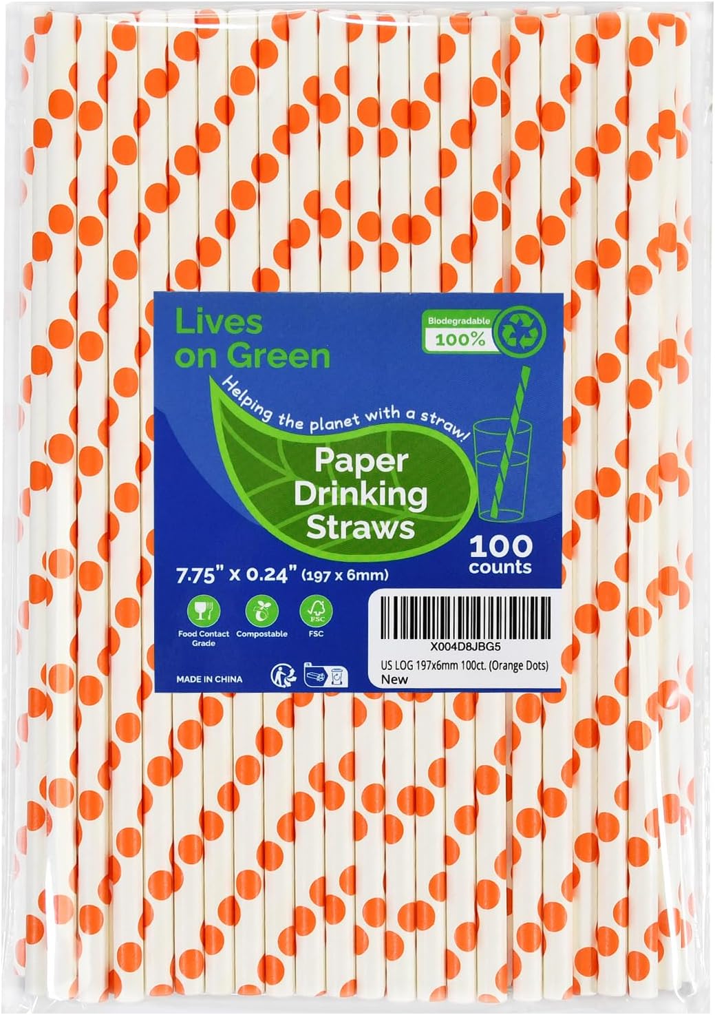 Orange Polka Dots Paper Drinking Straws 7.75 inch Disposable 100 Counts - for Drinks, Juice, Cocktail, Party, Bars, Restaurants