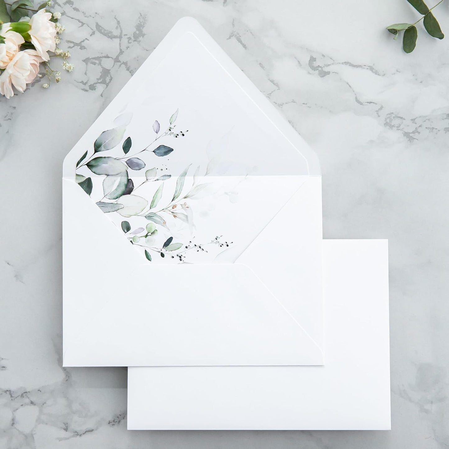 PONATIA 50PCS A7 Euro Flap Envelopes, 5.25 x 7.25'' Liner Envelope For 5x7'' Weddings Invitation Cards, Christmas Gift Cards, Acrylic Invitations, Photos (White & Sage Green Leaves)