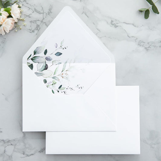 PONATIA 50PCS A7 Euro Flap Envelopes, 5.25 x 7.25'' Liner Envelope For 5x7'' Weddings Invitation Cards, Christmas Gift Cards, Acrylic Invitations, Photos (White & Sage Green Leaves)