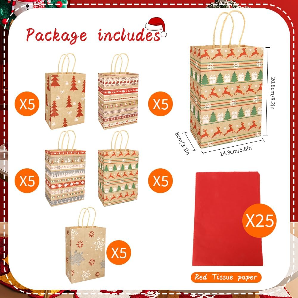 STPIYFZU Christmas Gift Bags, 25 Pack Small Christmas Gift Bags with Handles, Xmas Kraft Paper Bag Bulk with Tissue Paper, Xmas Holiday Present Bag (8.2" x 6" x 3.1")