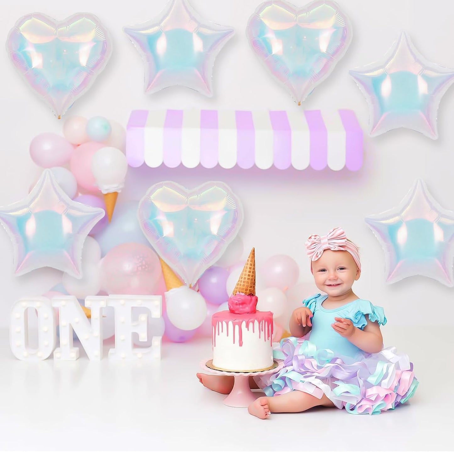 9Pcs Iridescent Foil Balloons, 18in Heart Star Iridescent Balloons Large Holographic Clear Foil Balloon for Birthday Baby Shower Mermaid Rainbow Bachelorette Wedding Party Decorations