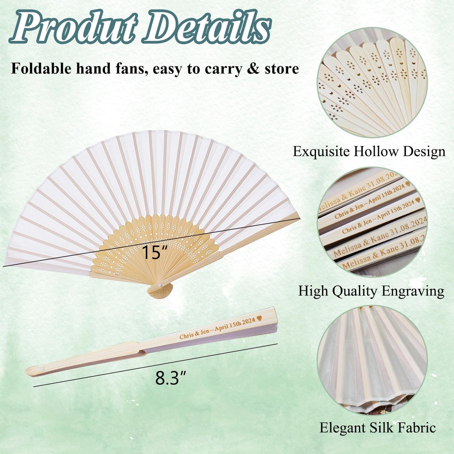 60 Set Personalized Cream Wedding Fans for Guests Bulk, Custom Engraved Summer Wedding Fans, Silk Hand Fans Handheld Folded Fan Baby Shower Favors for Bridal Bridesmaid Gift Church Dancing Party