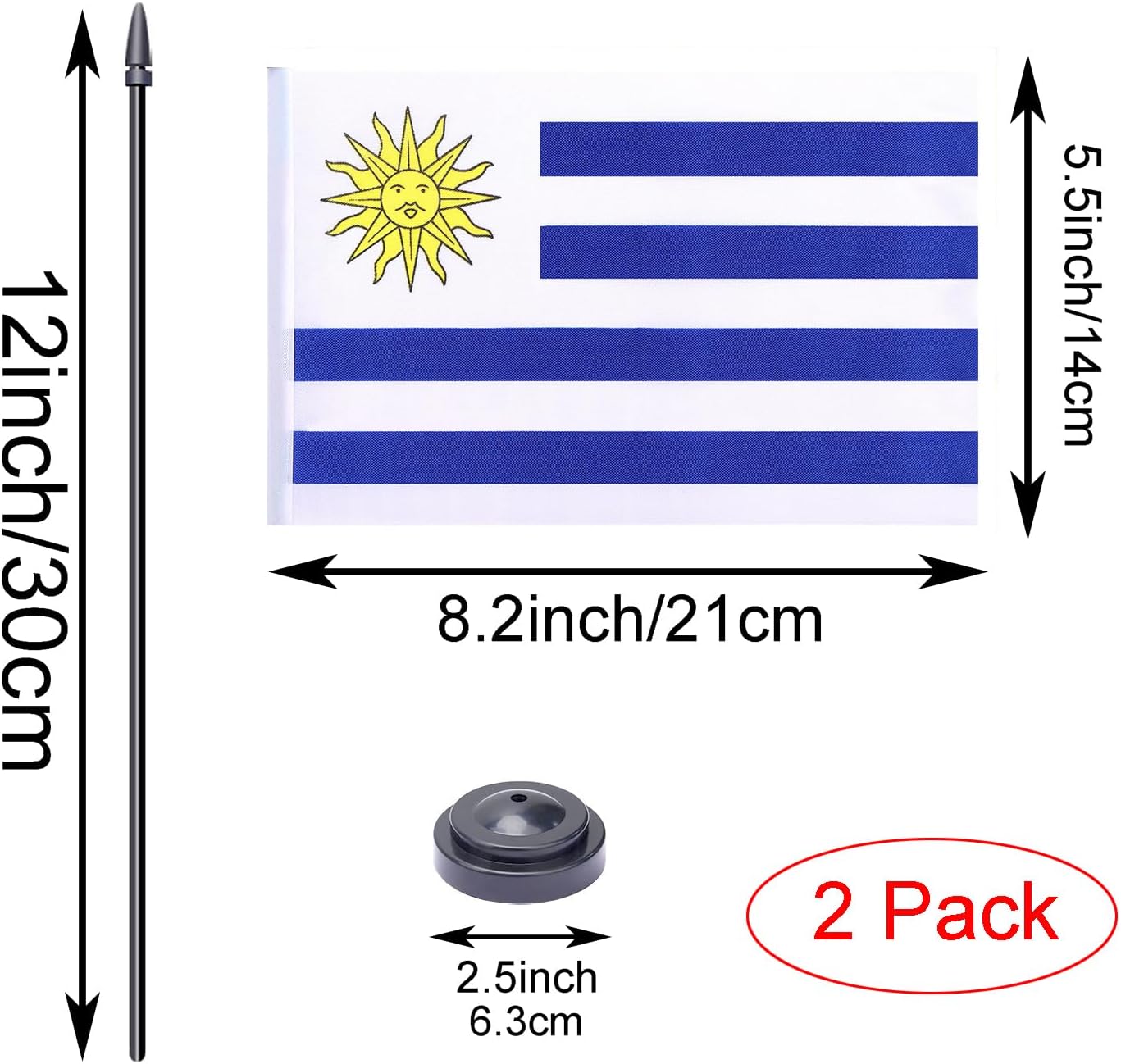 WXTWK 2 Pack Uruguay Flag Uruguay Deluxe Desk Flag Set - Mini Small Uruguayan Table Office Flags with Black 12" Solid Pole Stand Base Classroom Meeting Desktop Decorations