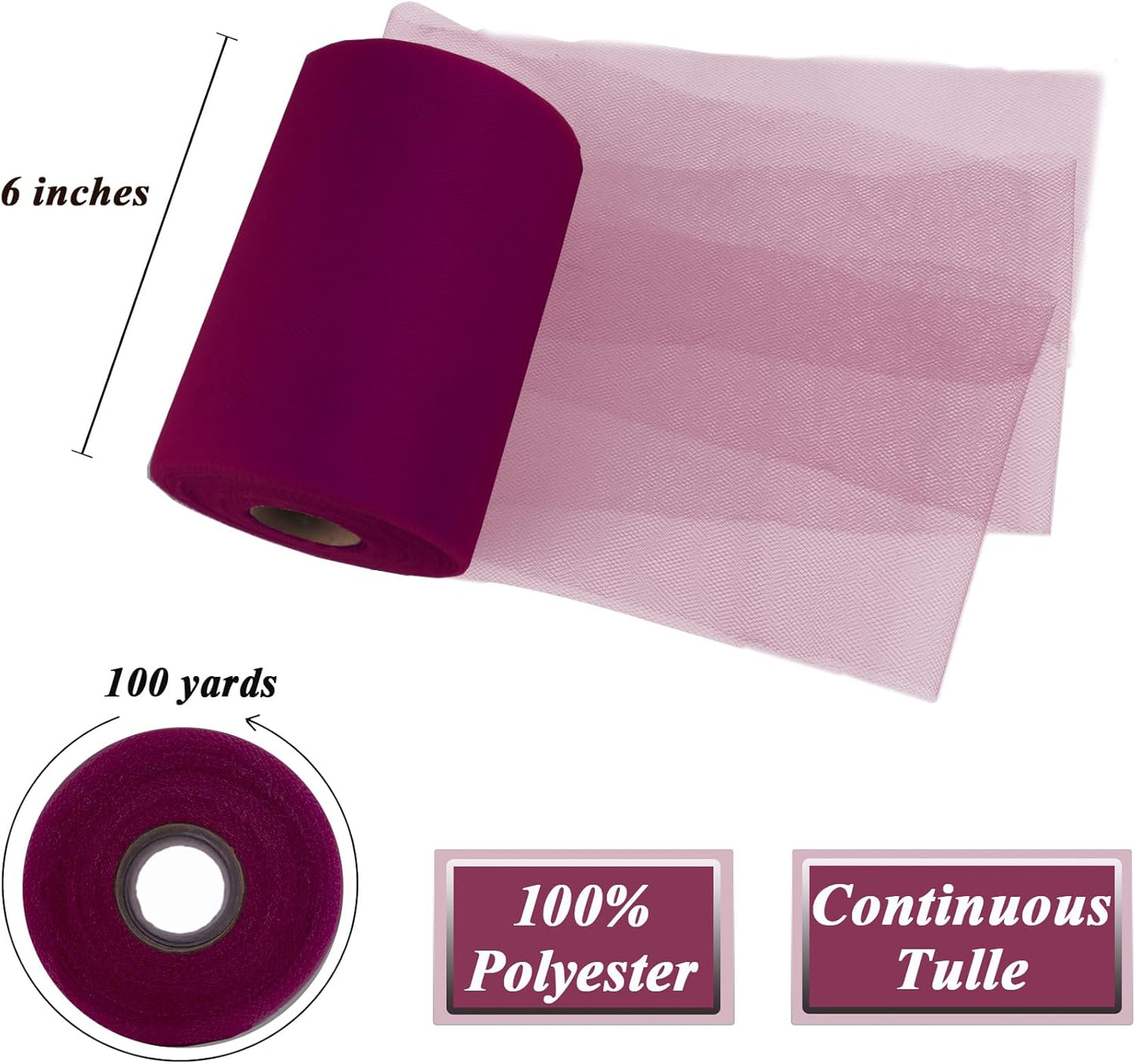 Wine Red Tulle Fabric Roll 6”by 100 Yards (300 ft) Soft Tulle Spool for DIY Crafting Favor Supplies, Tutus, Wedding, Party Decorations, Gift Wrapping