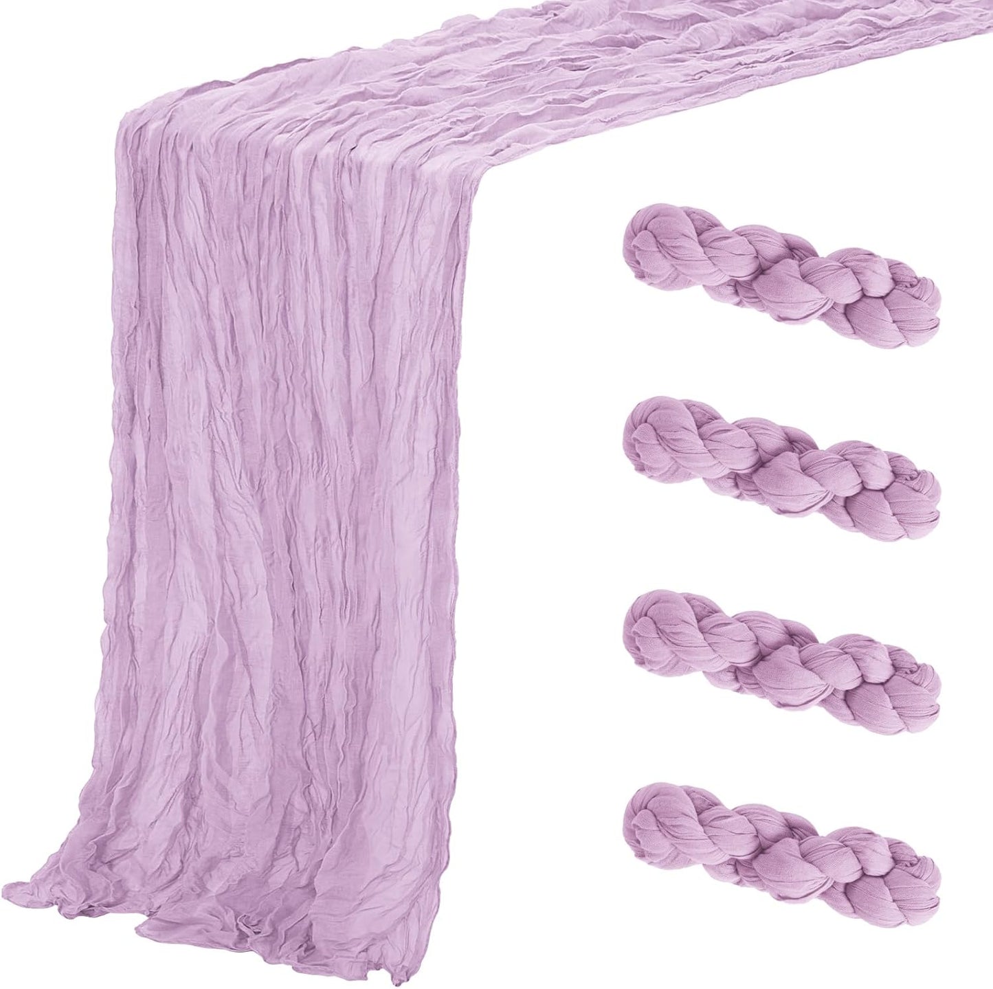 Aktor 4 Pack Lavender Table Runner Boho Cheesecloth Table Runner Semi Sheer Gauze Fabric Runners for Wedding Birthday Baby Shower Party Boho Table Decoration（Lavender）