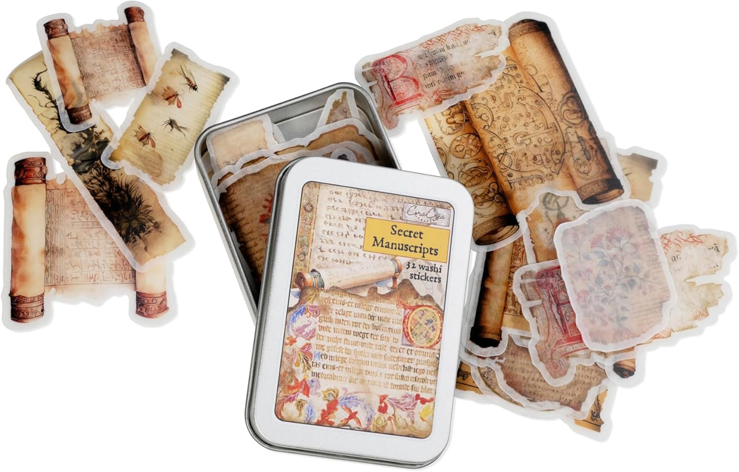 Vintage Journal Stickers with Tin Box, Unique Washi Stickers for Adults, Teens, and Kids (Secret Manuscripts)