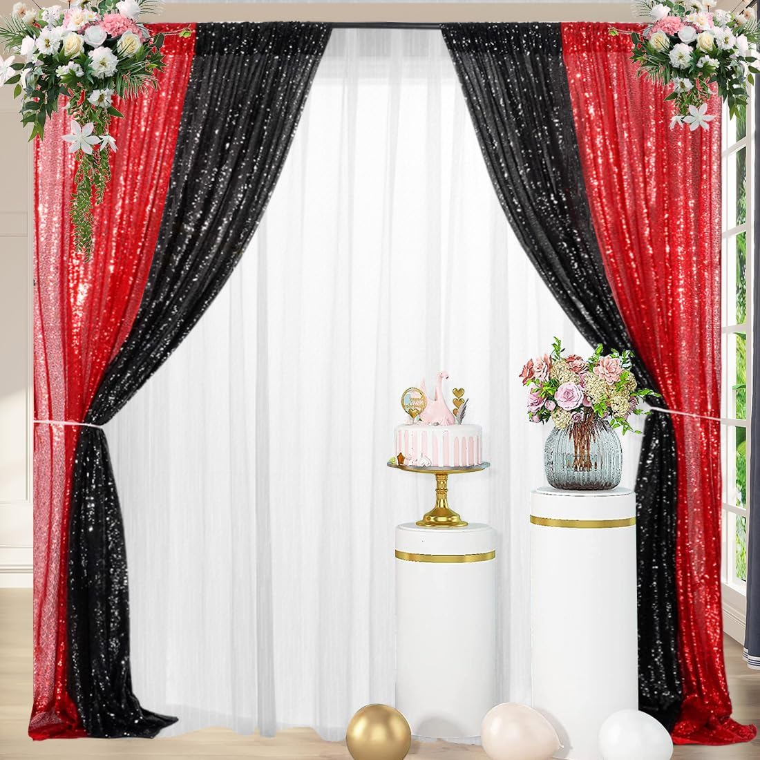 4 Panels Black&Red Sequin Backdrop Curtain 2FTx8FT Glitter Sequin Backdrop Curtains for Birthday Party Wedding Decoration