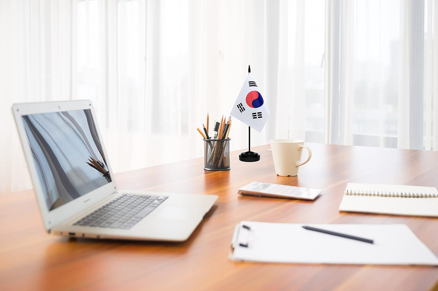 South Korea Korean Deluxe Desk Flag Set Small Mini Miniature South Korea Korean Table Desktop Flags With Solid Pole, Black Base and Spear Top(2 Pack)