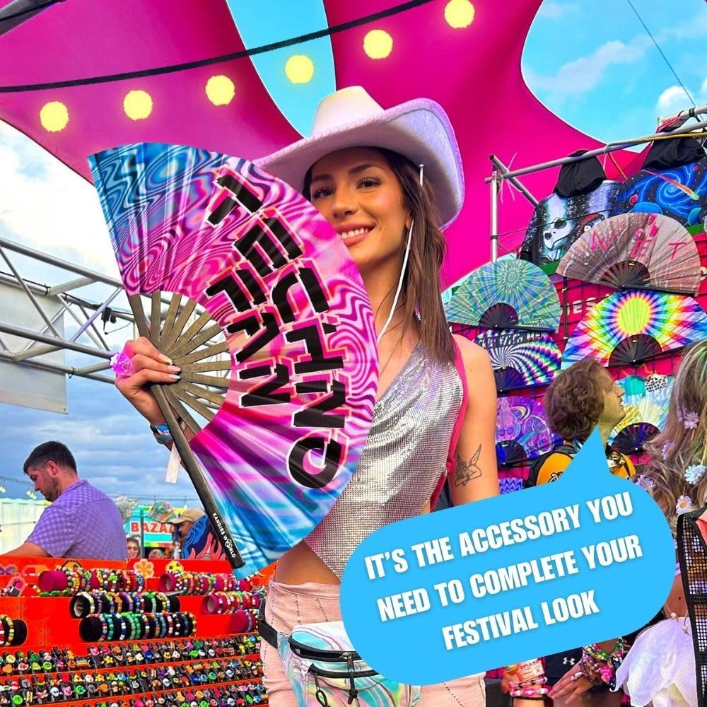 Kandies World UV Reactive Custom Festival Folding Hand Fan - Unique Designs, Made of Bamboo, Clacking Sound, Lightweight - Perfect Rave and Festival Accessory!