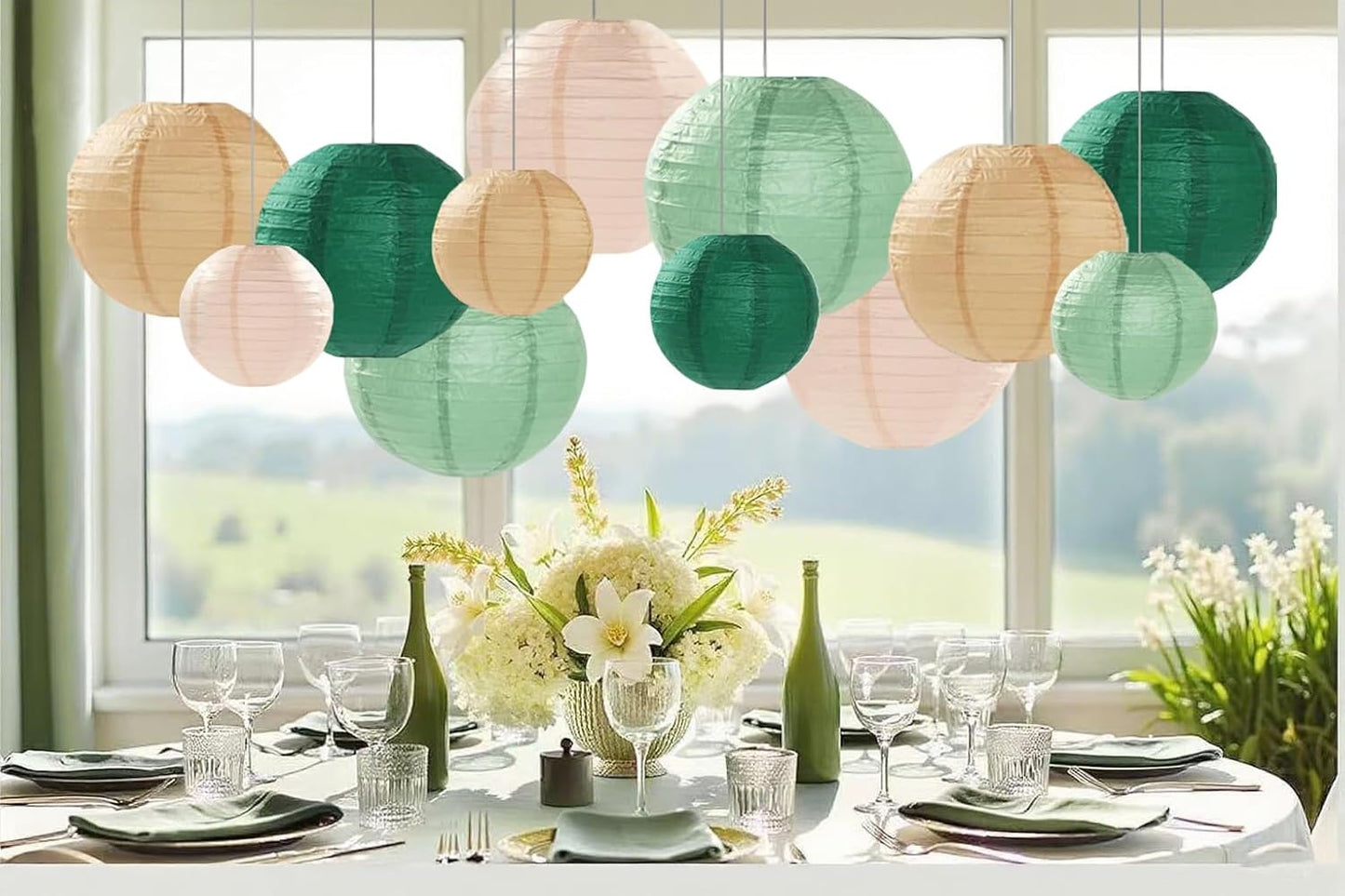 Sage Green Paper Lanterns Decorative 12pcs Party Hanging Decorations for Rustic Party Bridal Shower Wedding Baby Shower Graduation Anniversary Neutral Room Decor