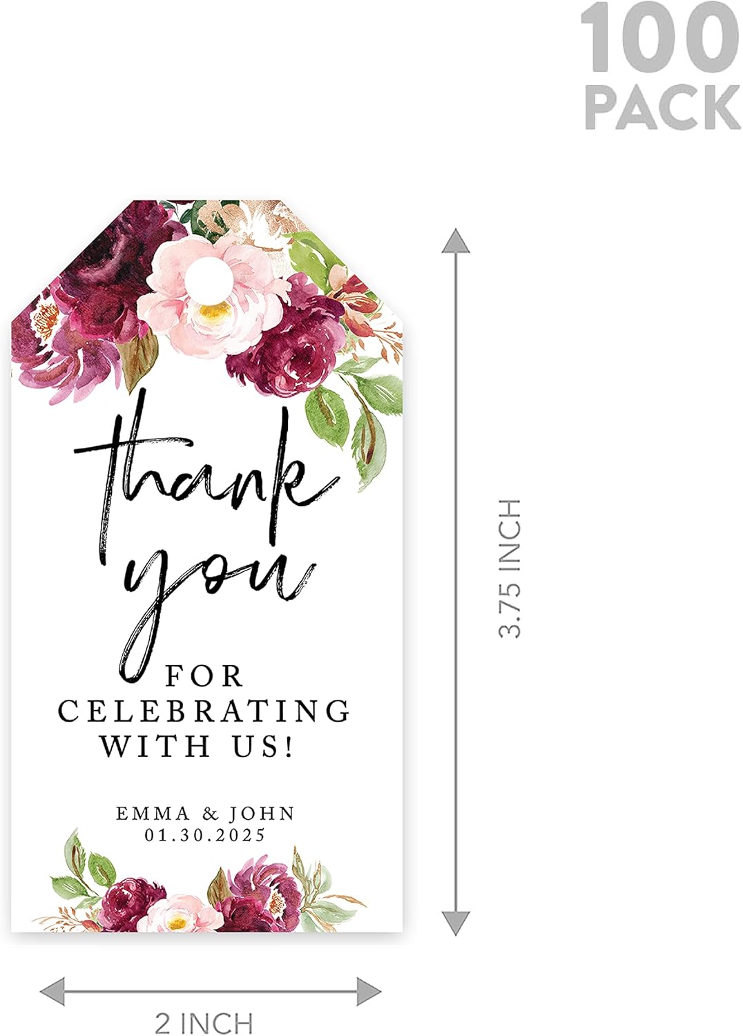 Andaz Press 100-Pack Personalized Thank You for Celebrating with Us Wedding Favor Tags with Bakers Twine Fall Burgundy Marsala Custom Thank You Tags Wedding Gift Tags for Party Favors 2 X 3.75-Inches