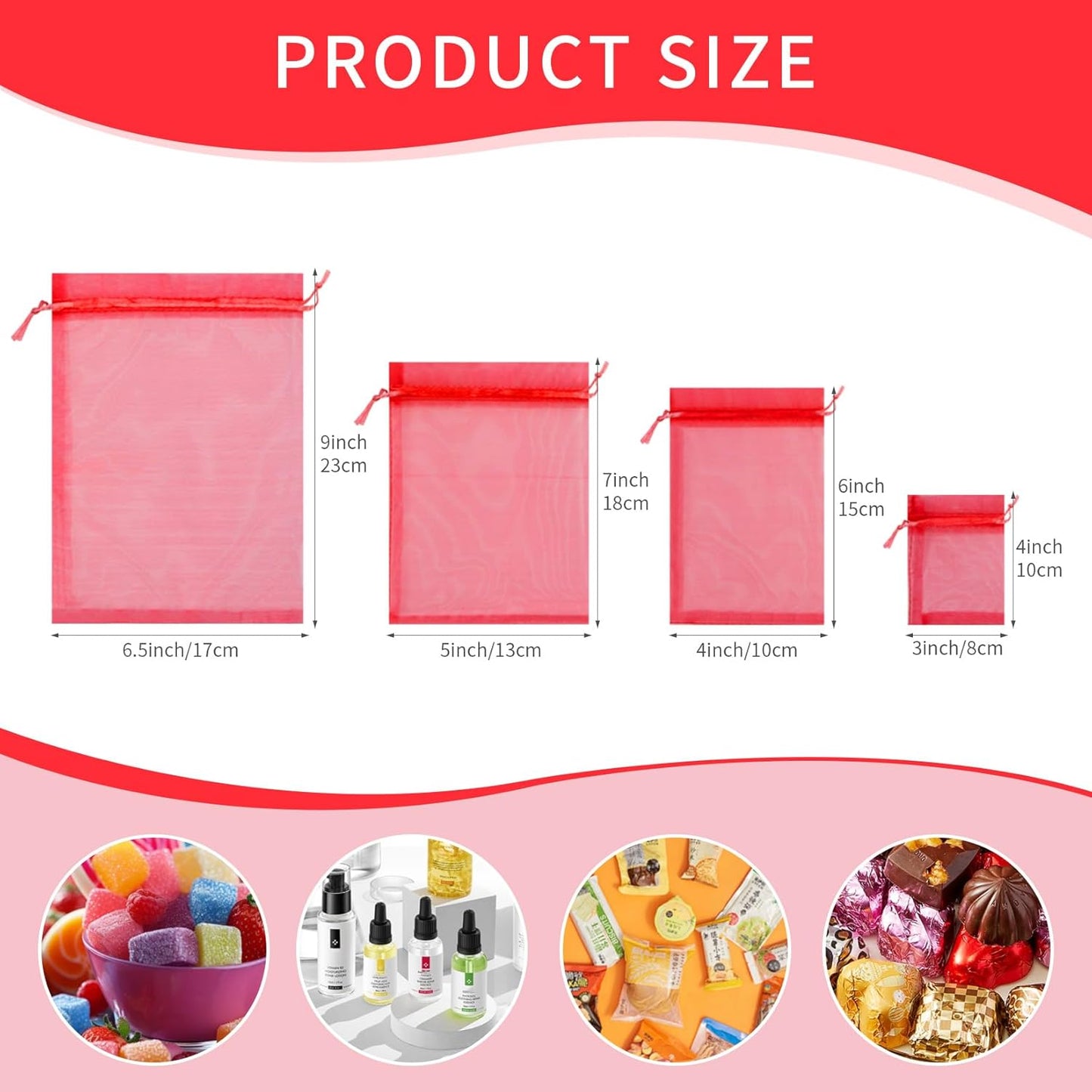 50 Pcs 3x4 Inch Organza Bags, Mesh Drawstring Treat Pouch Bags for Party Favor Wedding (Red)