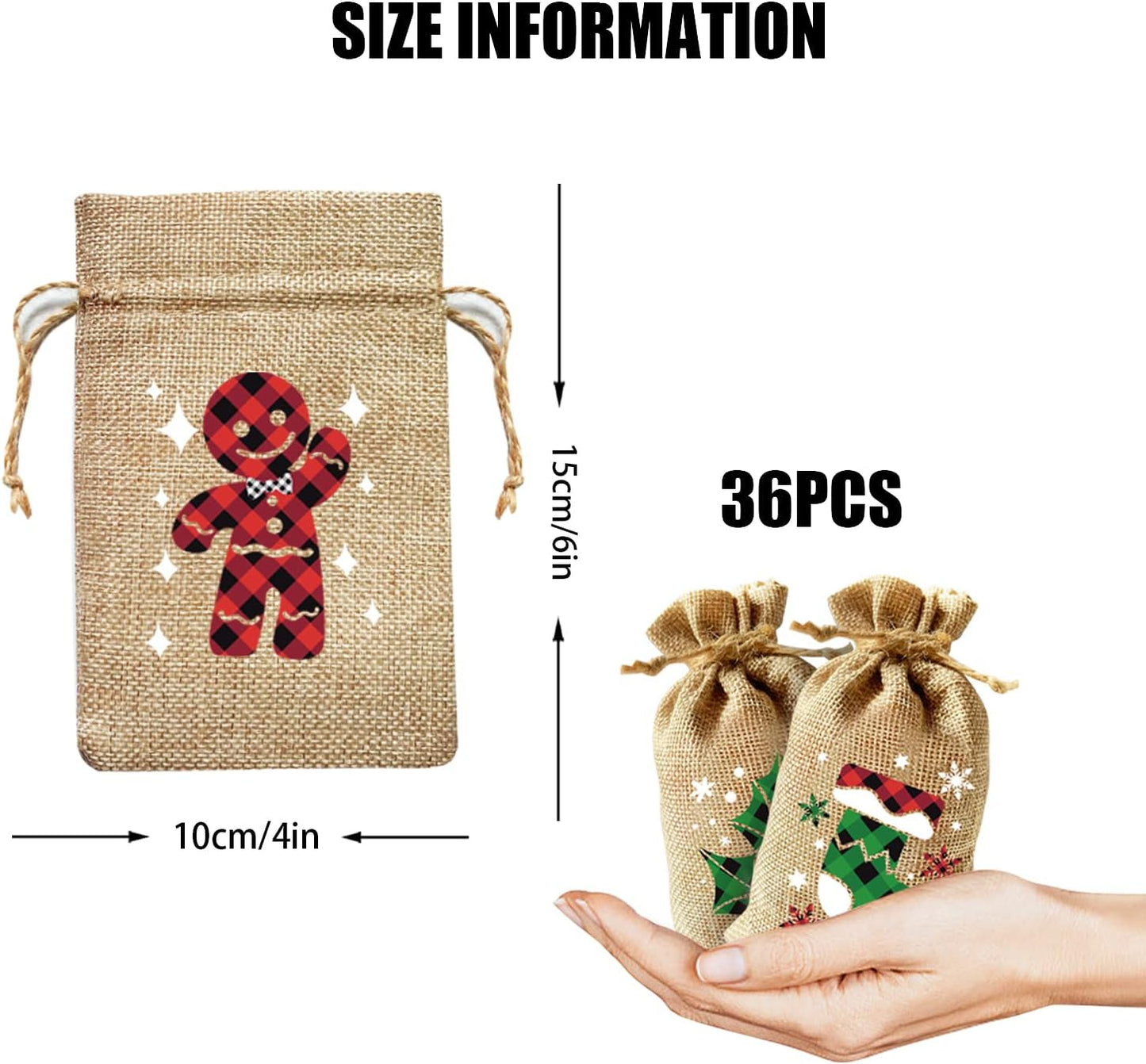 CCINEE 36pcs Christmas Drawstring Goody Candy Gift Bags, 4x6 Inch with Double Jute Drawstrings for Xmas Party Favors