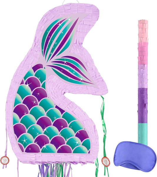 WERNNSAI Foldable Mermaid Piñata - Pull String Mermaid Birthday Party Supplies Mermaid with Blindfold Bat and Tassels Mermaid Party Decoration Games Folding Purple Mermaid Piñatas for Classroom Game