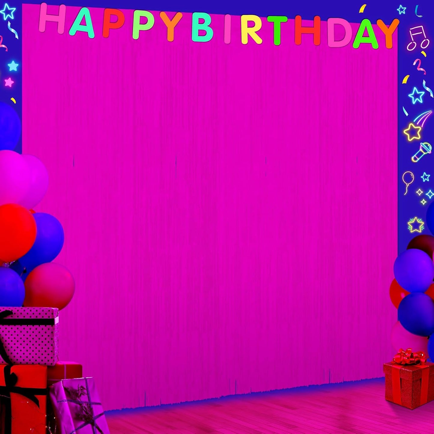 3 Pack 3.3Ft x 6.6Ft Hot Pink Glow in The Dark Foil Fringe Curtain Backdrop Party Supplies, Fluorescent Macaron Metallic Tinsel Foil Streamers Curtain Photo Booth for Neon Birthday Party Decorations