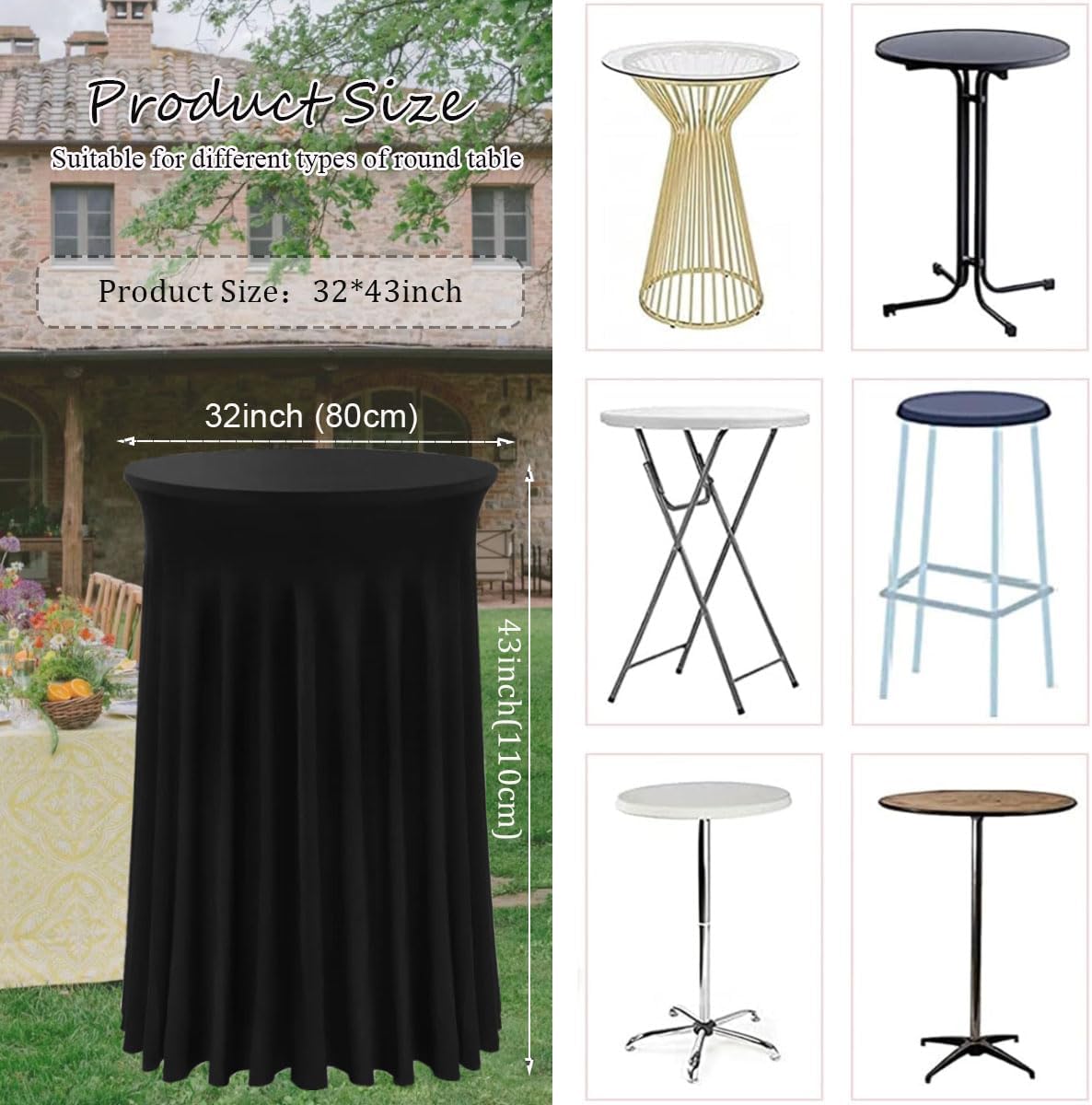 Albassa 4 Pack Cocktail Table Covers 32"x 43" Spandex Stretch Round Cocktail Tablecloths with Wavy Drapes Fitted High Top Bar Table Skirt for Wedding Party Banquet (Black, 4 PCS)