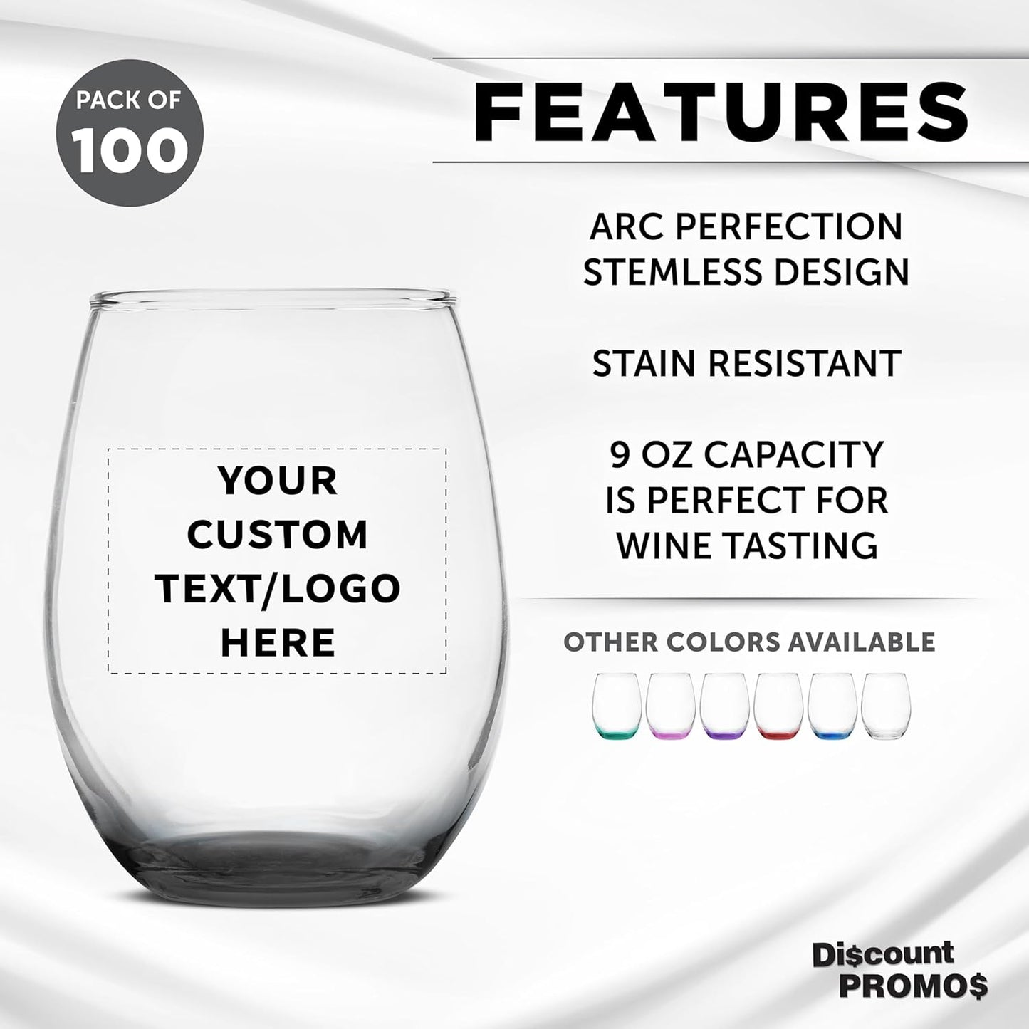 Custom Stemless Wine Glass 9 oz. Set of 100, Personalized Bulk Pack - Great for Wedding Favors, Bachelorette Party Decorations, Party Fovors, Color Bottom - Black