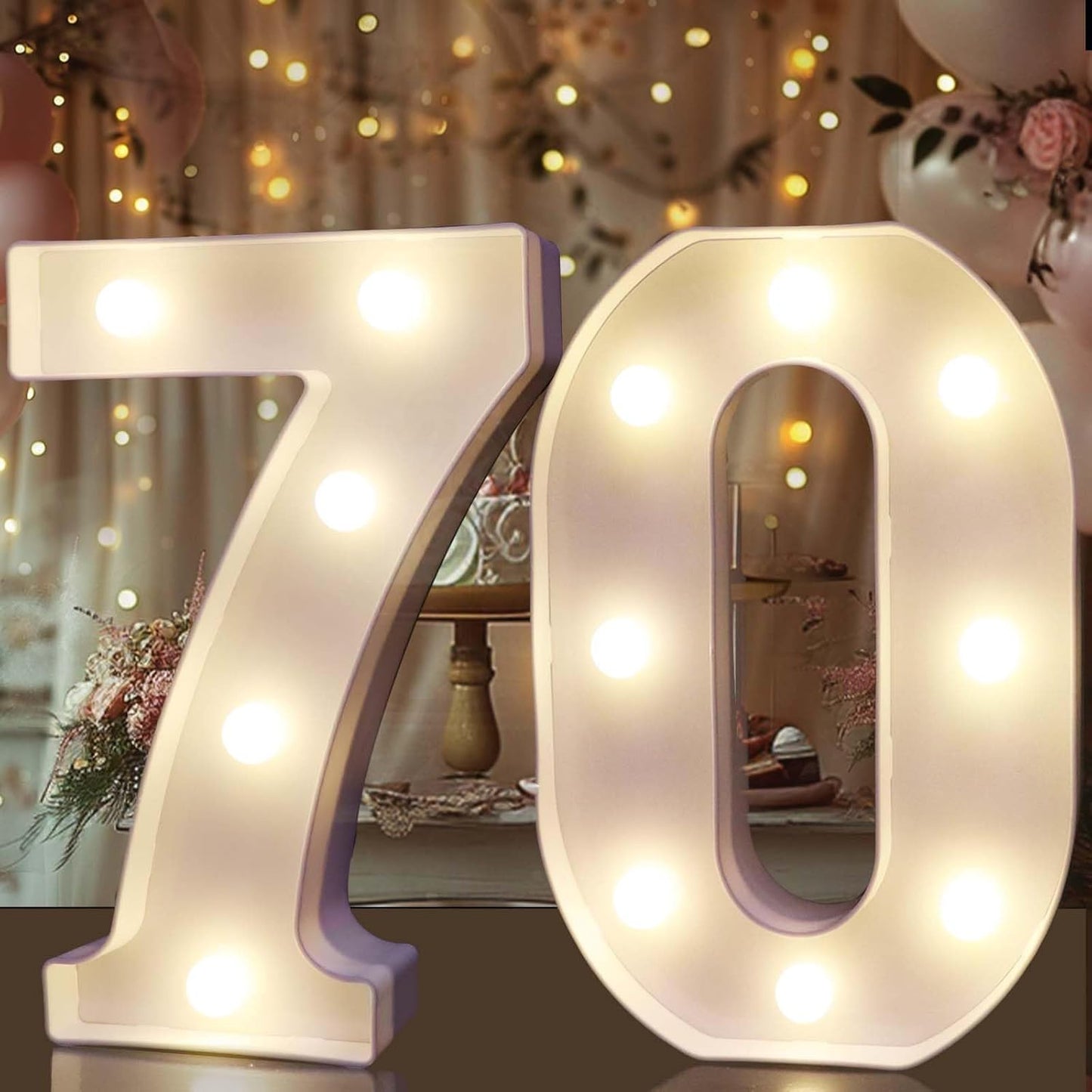 Pooqla Decorative LED Light Up Number Letters, White Plastic Marquee Number Lights Sign for 70th Birthday Party Wedding Decor, Battery Operated (70)